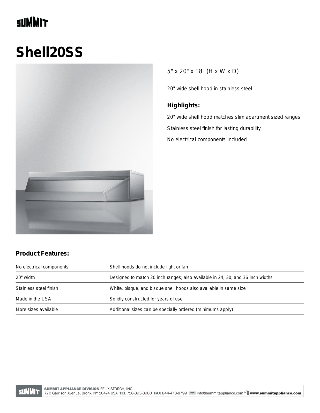 Summit SHELL20SS Instruction Manual