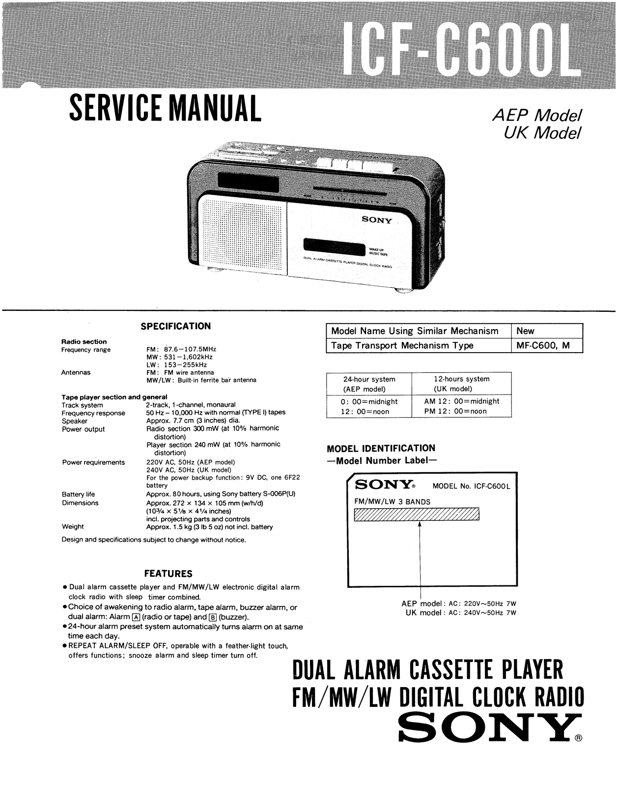 Sony ICFC-600-L Service manual