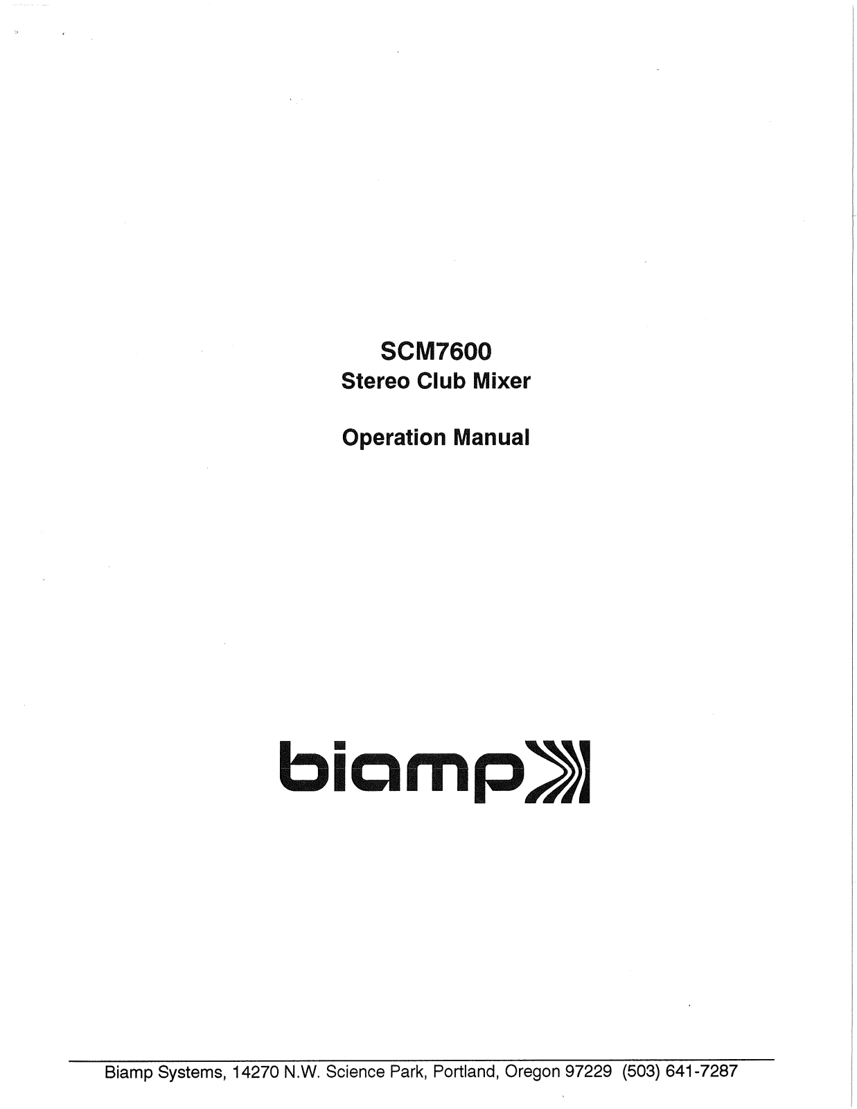 Biamp SC-M7600 STEREO CLUB MIXER User Manual