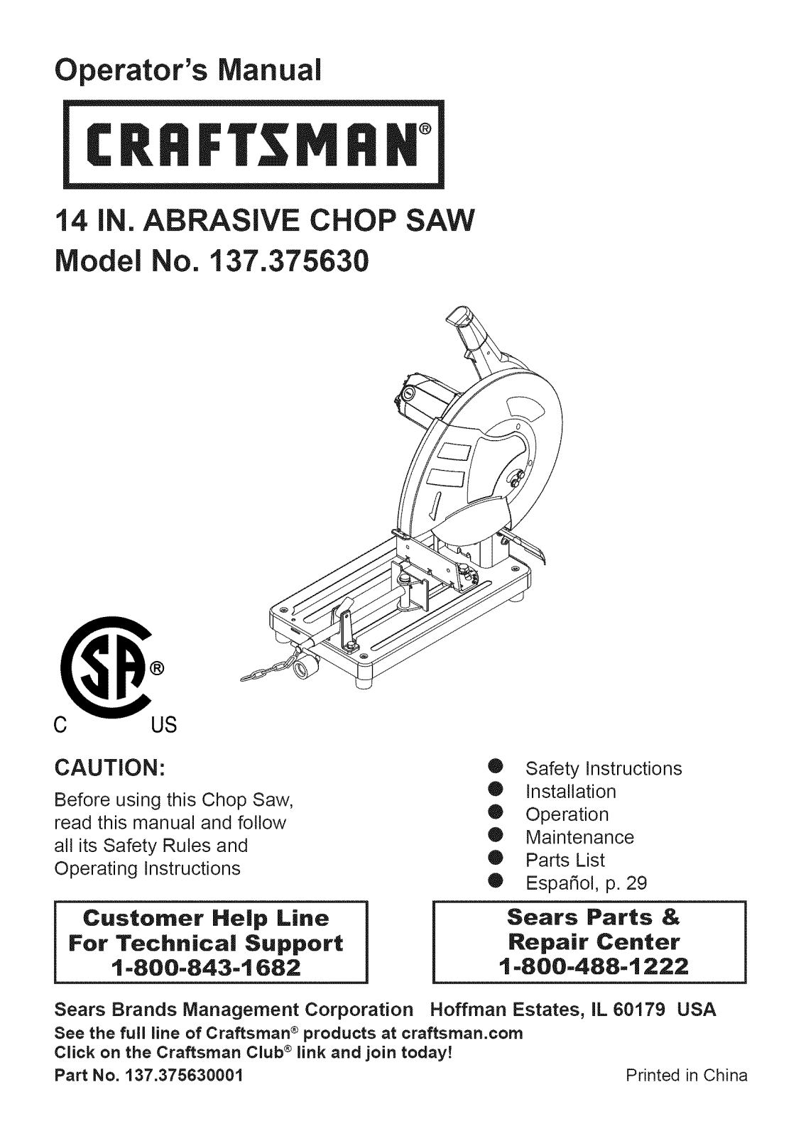 Craftsman 137375630 Owner’s Manual