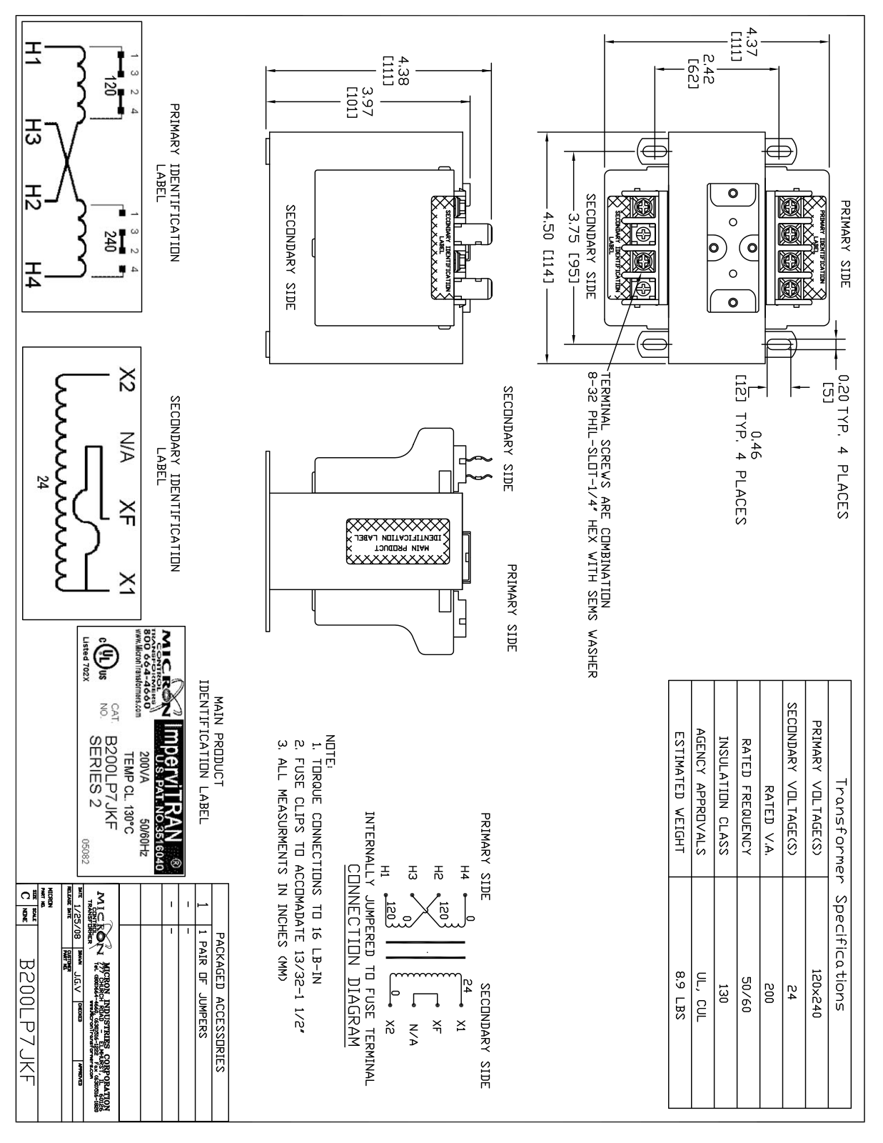 Micron Industries B200LP7JKF Specification Sheet