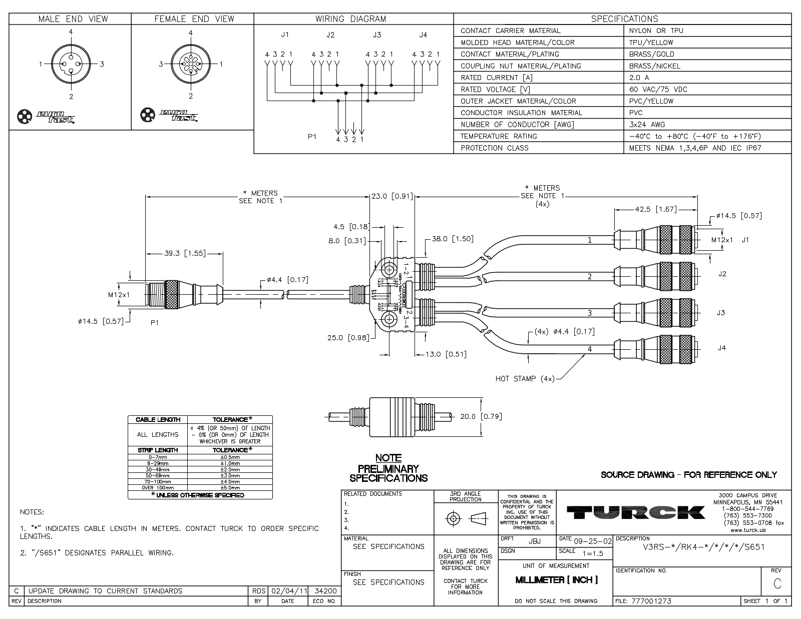 Turck V3RS-1/RK4-1/1/1/1/S651 Specification Sheet