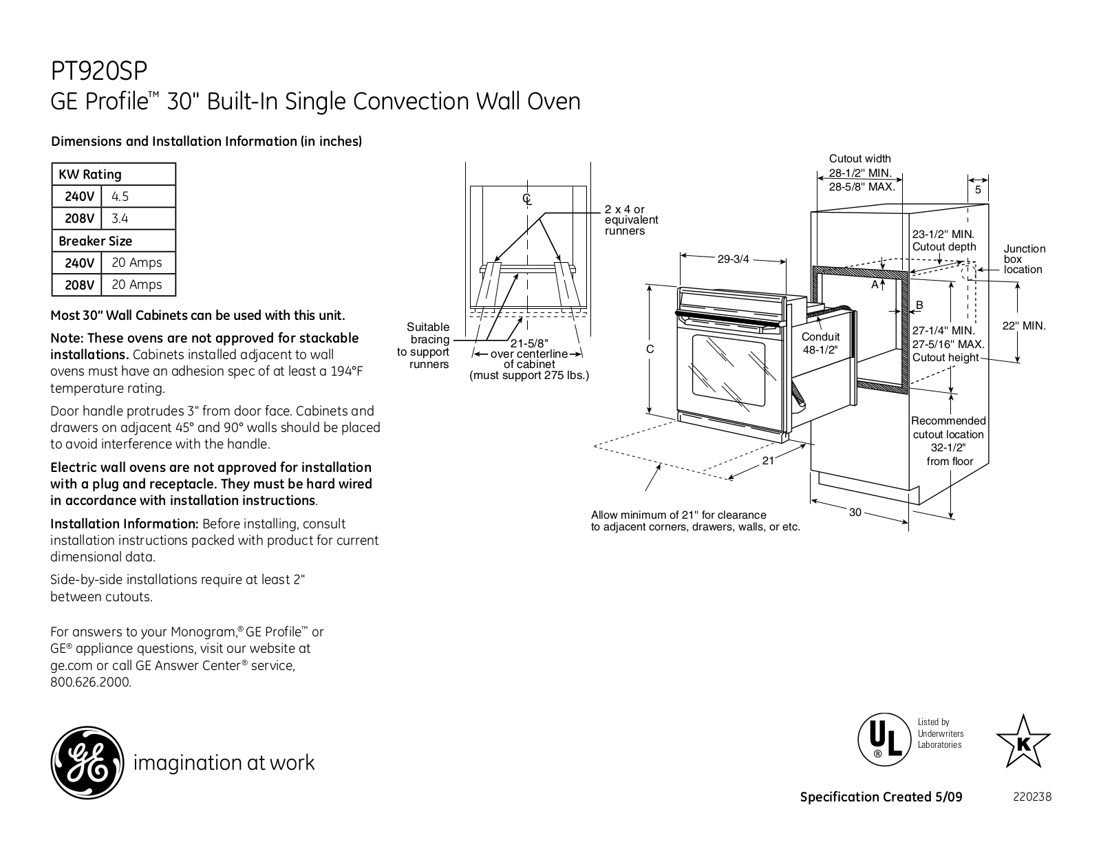 GE PT920SP Specification