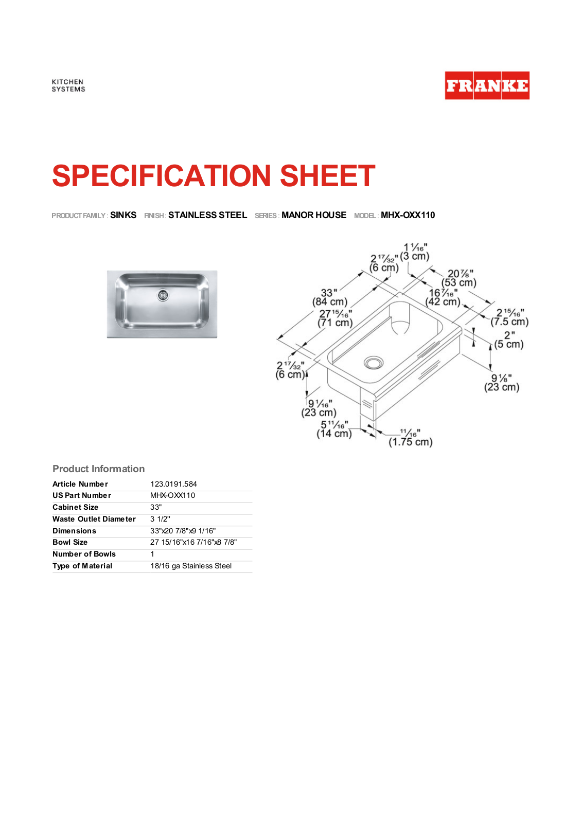 Franke Foodservice MHX-OXX110 User Manual