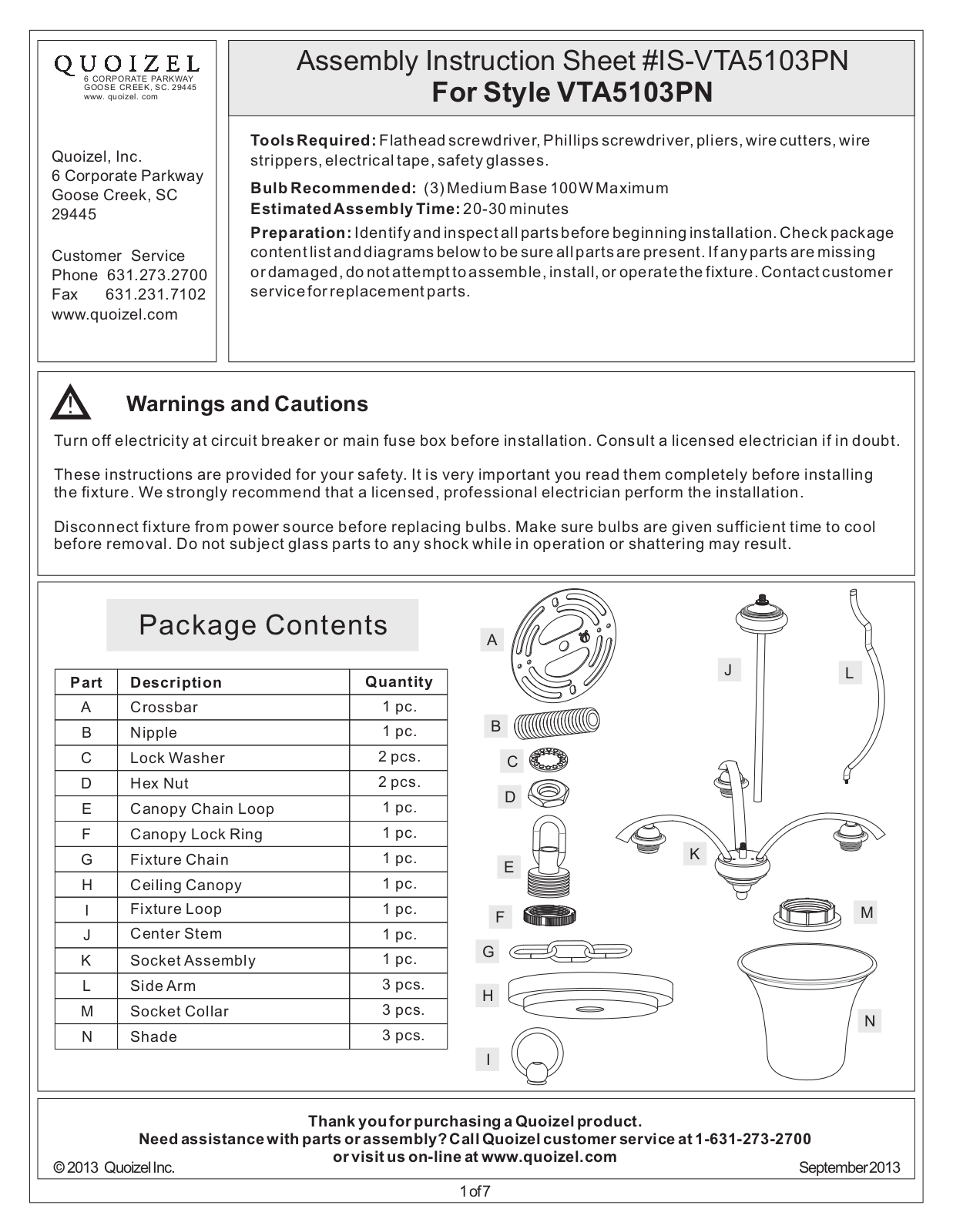 Quoizel VTA5103PN User Manual