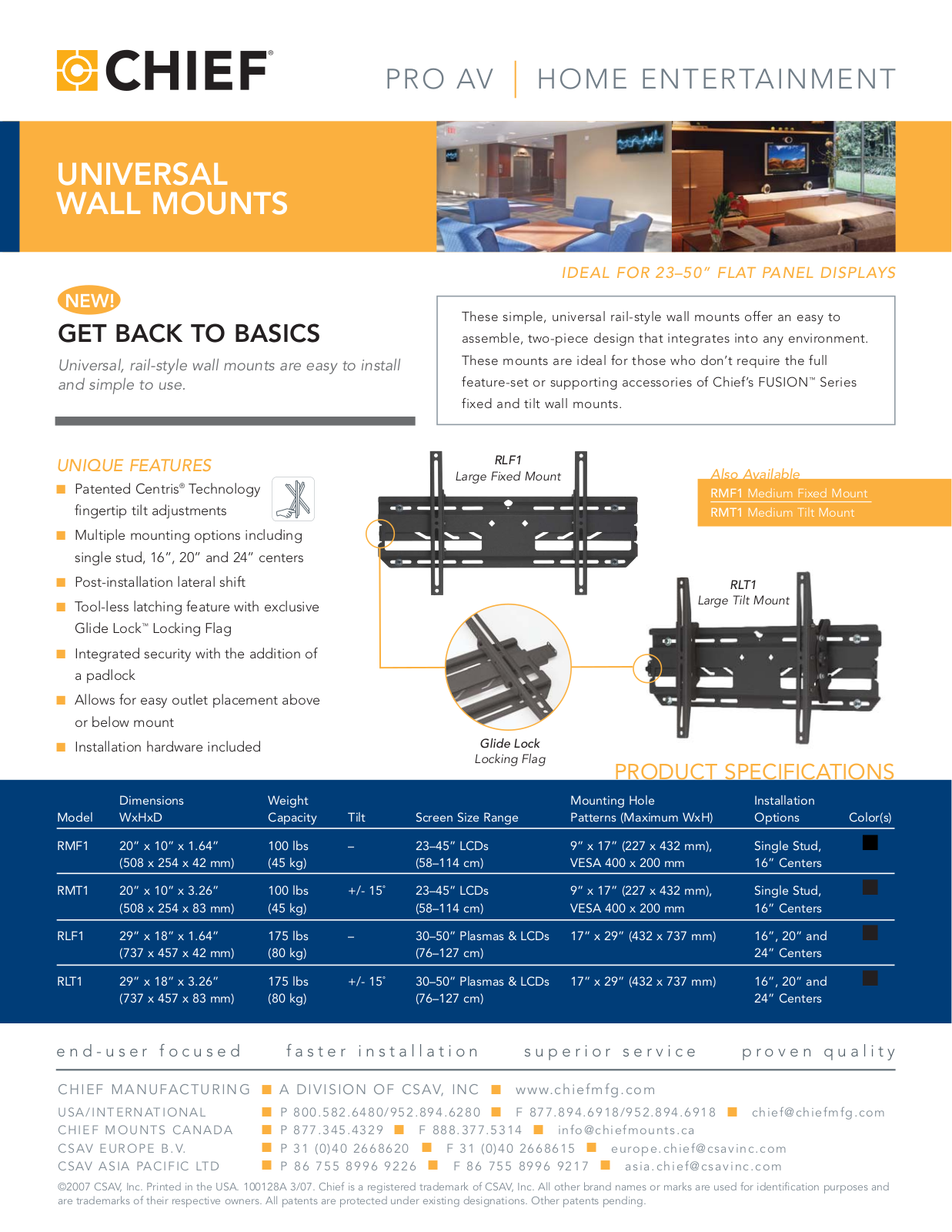 Chief Manufacturing RMF1, RMT1, RLF1 User Manual