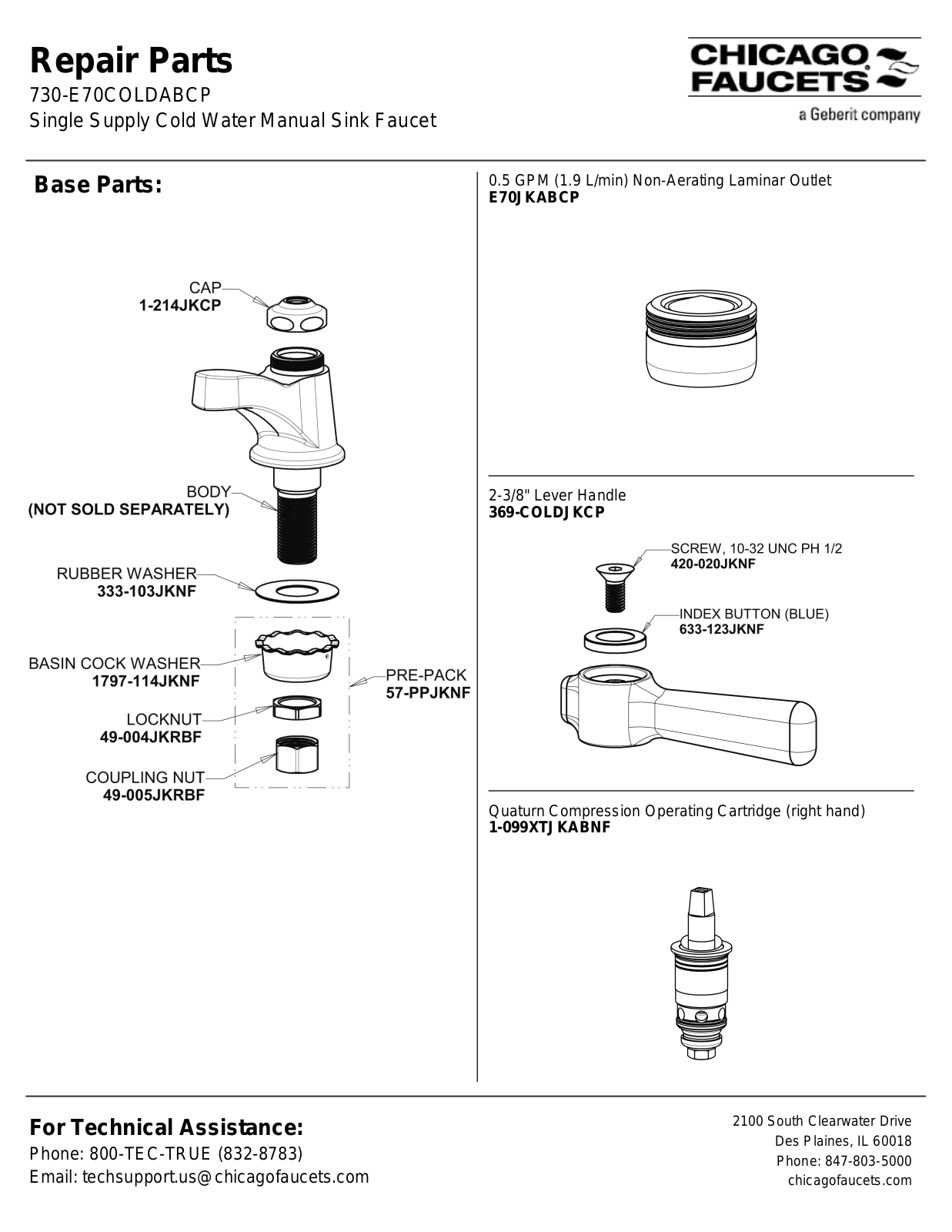 Chicago Faucet 730-E70COLDABCP Parts List