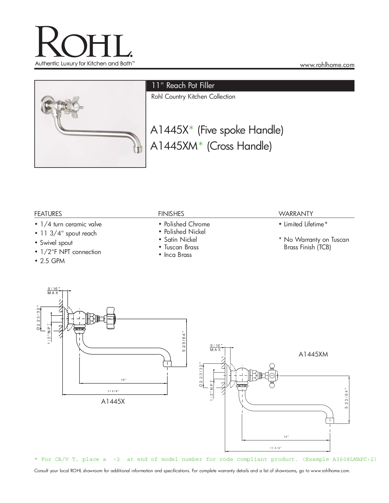 Rohl A1445XMPN2 Specs