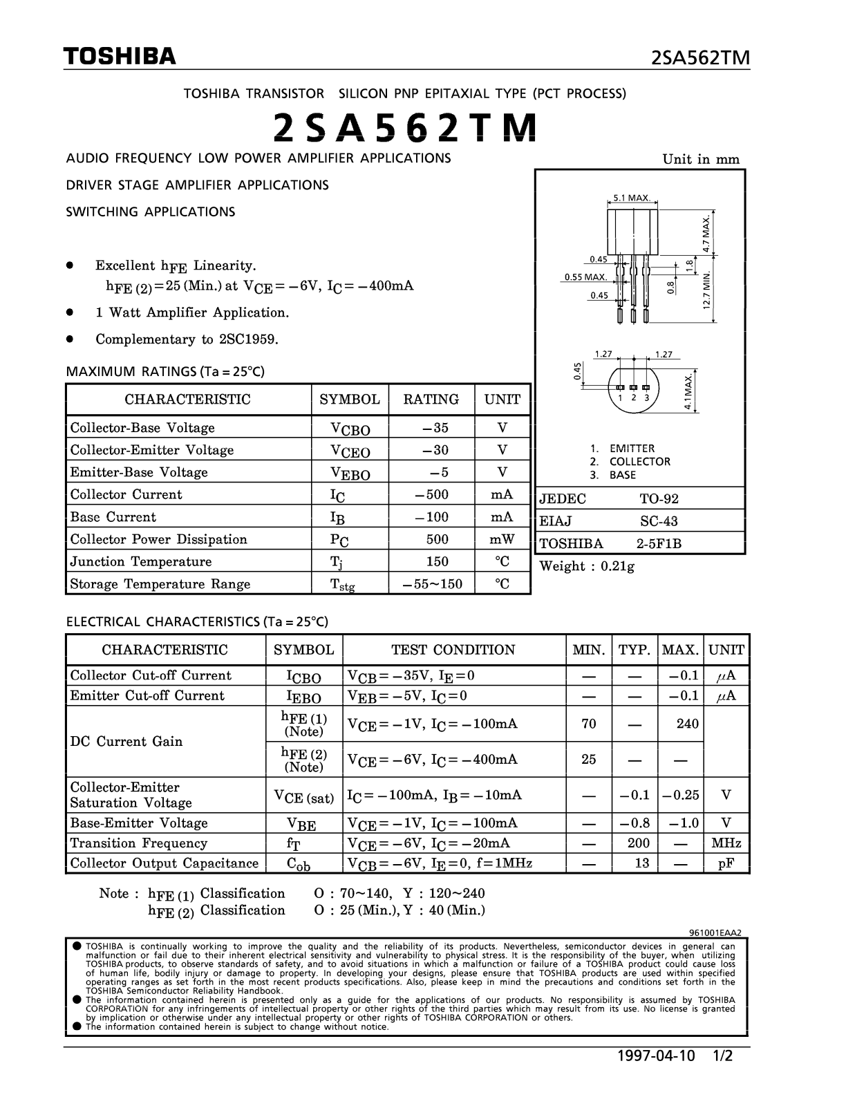 Toshiba 2SA562TM Datasheet