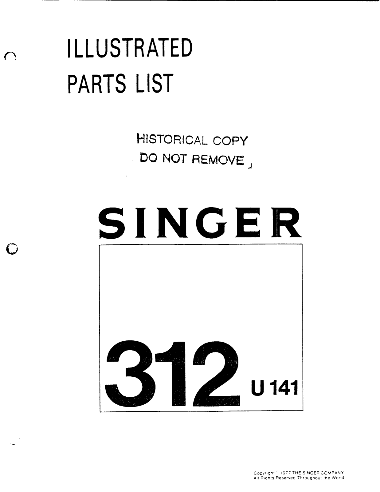 SINGER 312U141 Parts List