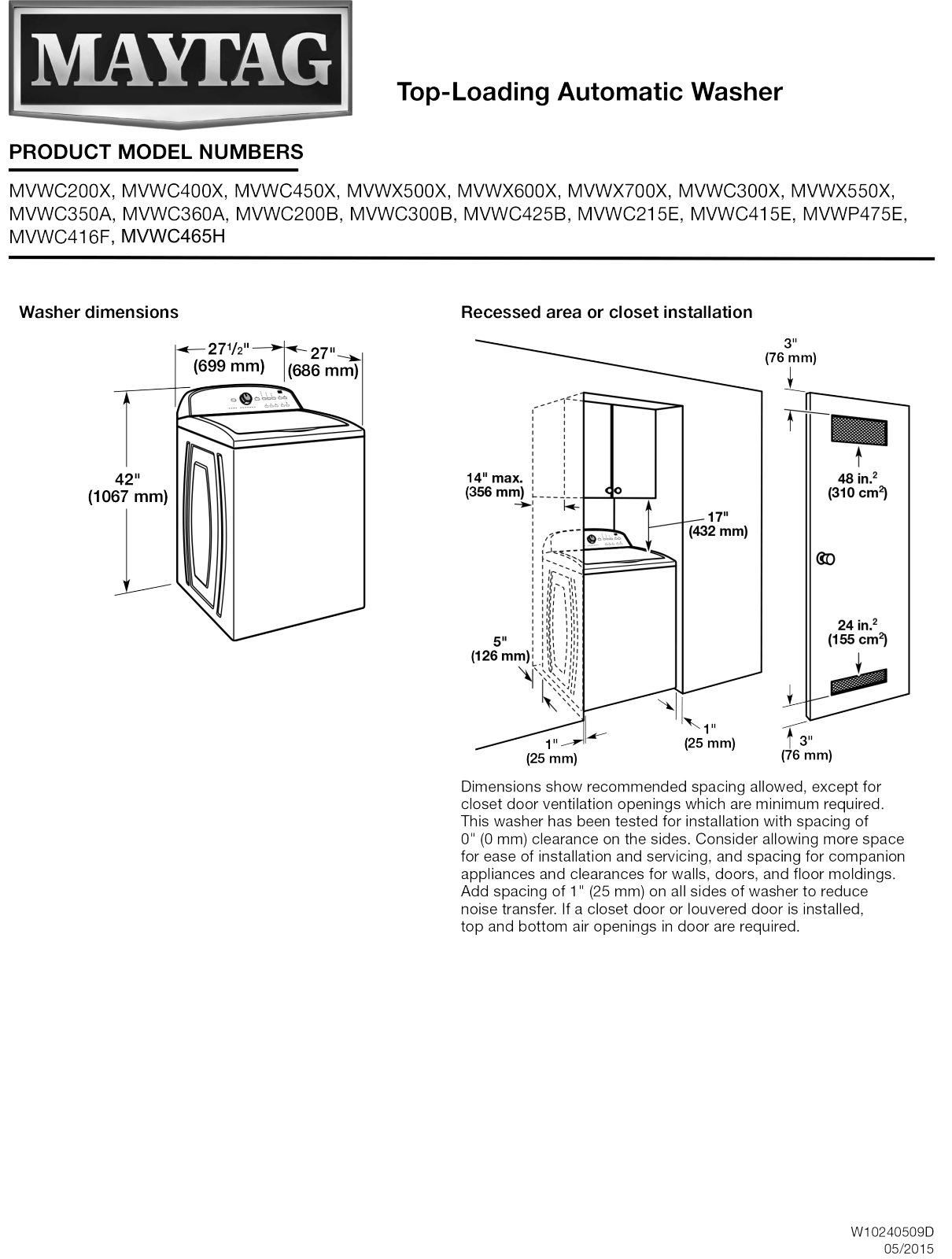 Maytag MAWADRGW465 Dimension manual