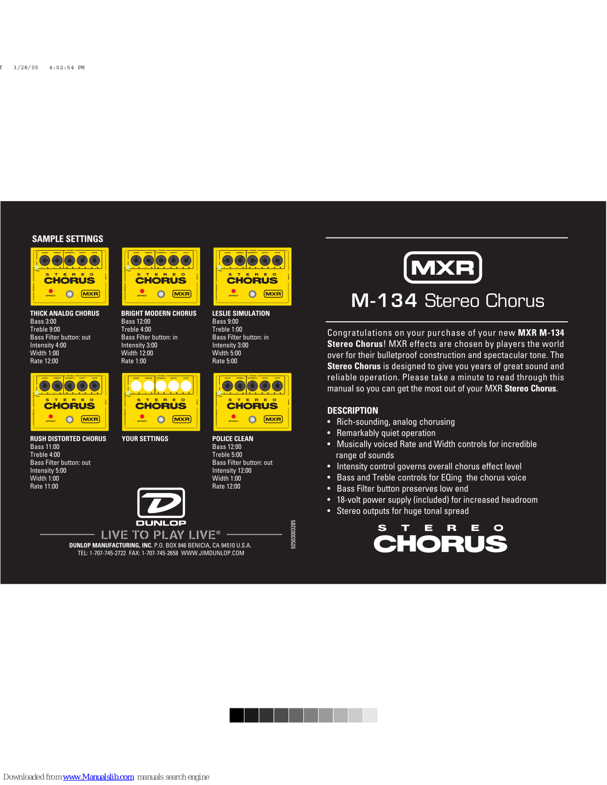 mxr M-134, M-134 Stereo Chorus Specifications