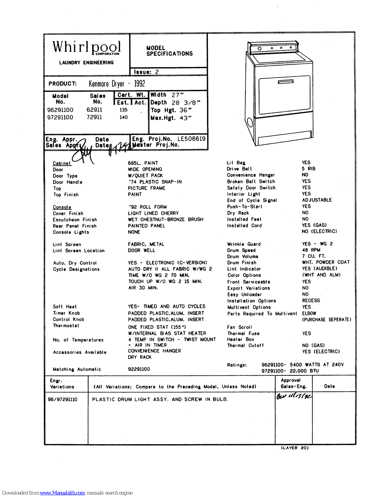 Kenmore Whirpool 1992 96291100, 96291100, 97291100 Model Specifications - ManualMachine.com