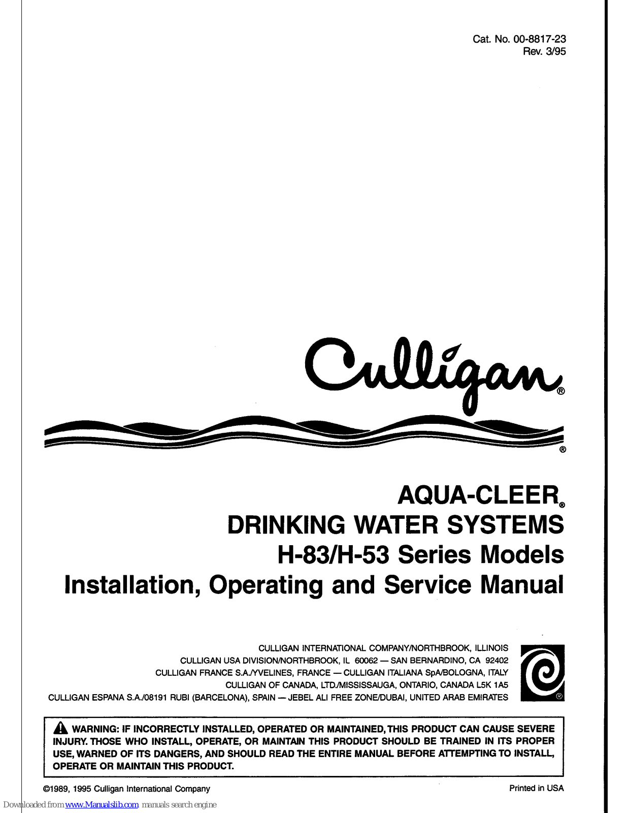 Culligan Aqua-Cleer H-83 Series, Aqua-Cleer H-53 Series Installation, Operating And Service Manual