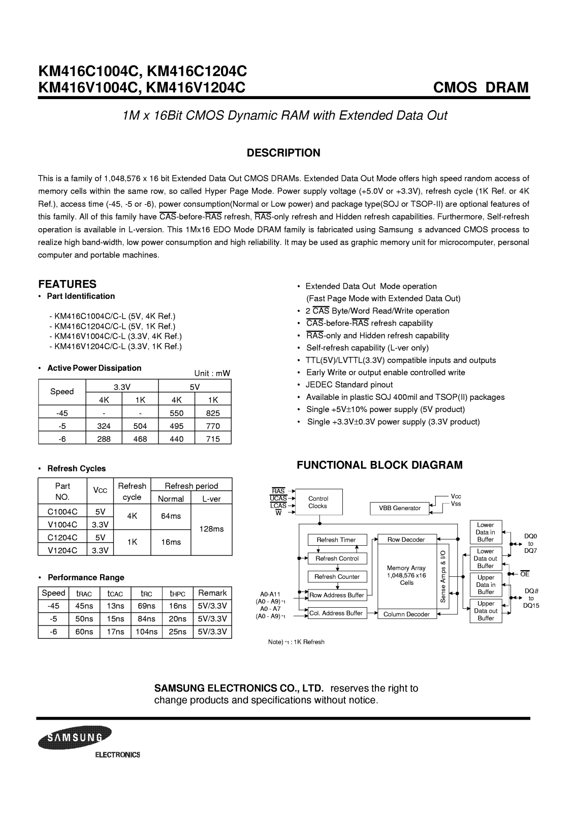 Samsung KM416V1204CT-6, KM416V1204CT-5, KM416V1204CJ-6, KM416V1204CJ-5, KM416V1004CT-L6 Datasheet