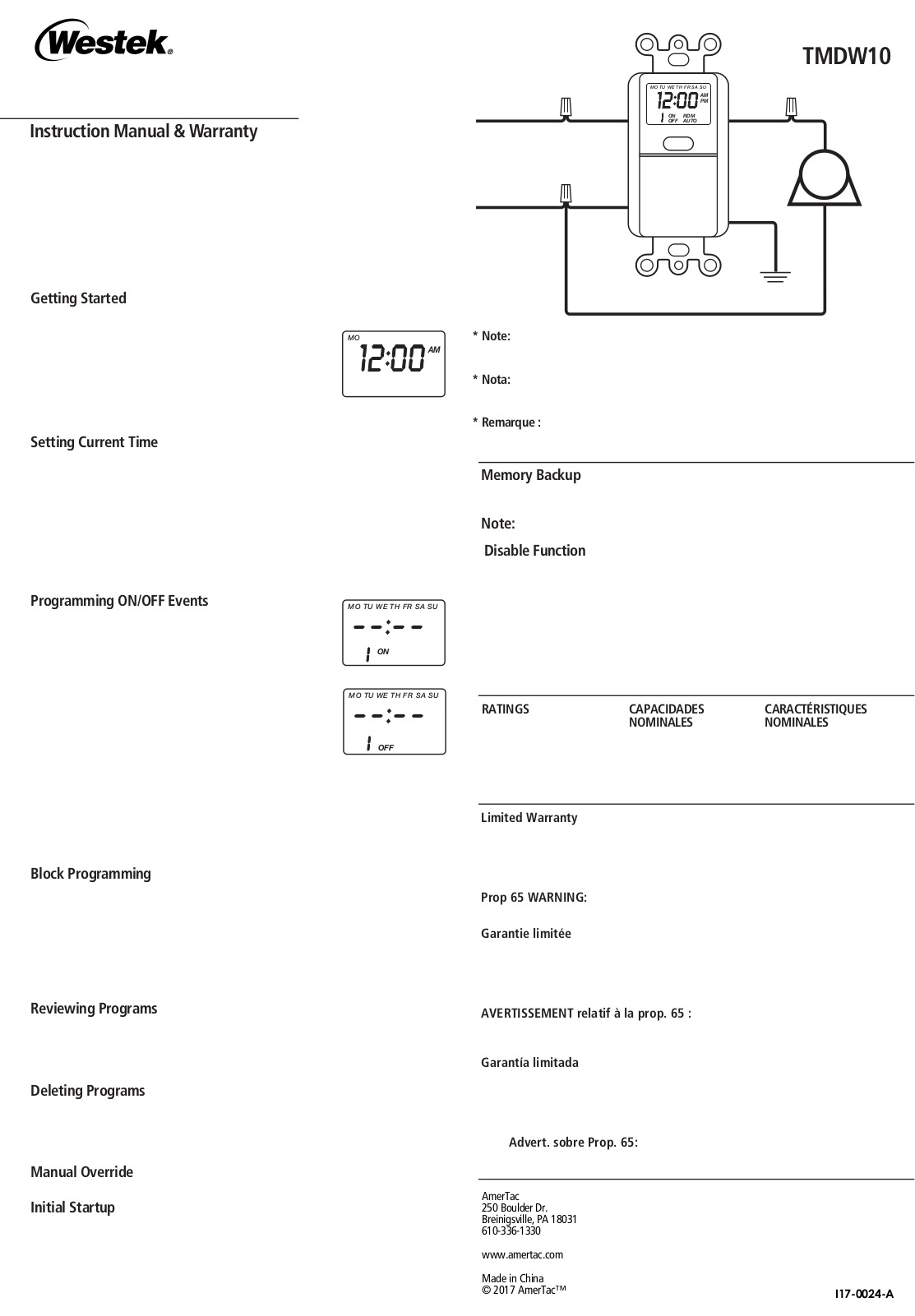 WESTEK TMDW10 Instruction Manual & Warranty