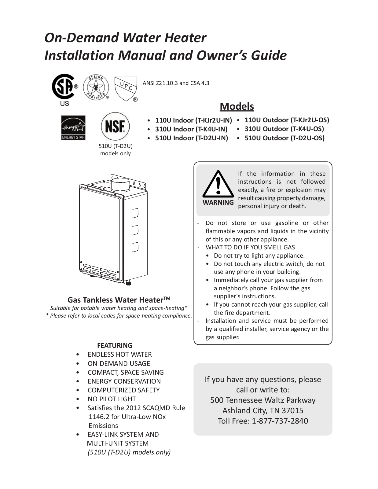 A.O. Smith ATI-310U-N, ATI-510U-N, ATO-110U-N, ATO-310U-N, ATO-510U-N Technical Documents