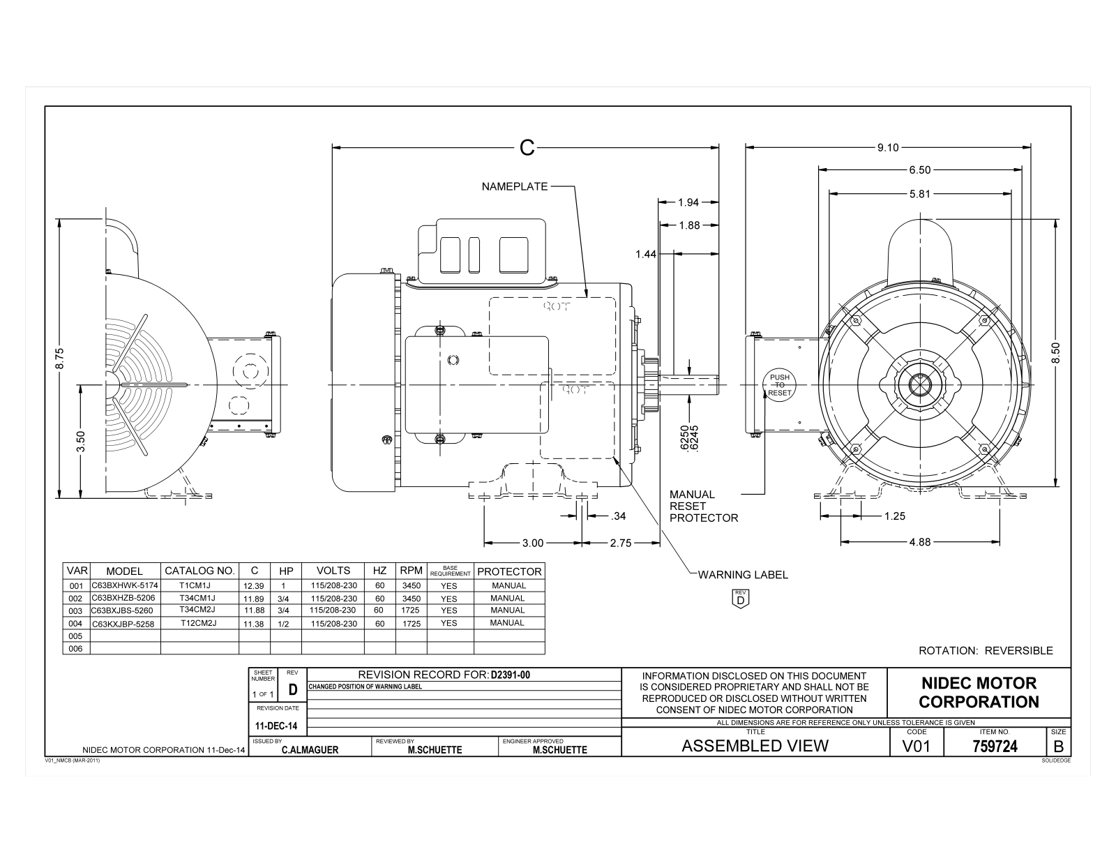 US Motors T12CM2J, T1CM1J, T34CM2J, T34CM1J Dimensional Sheet