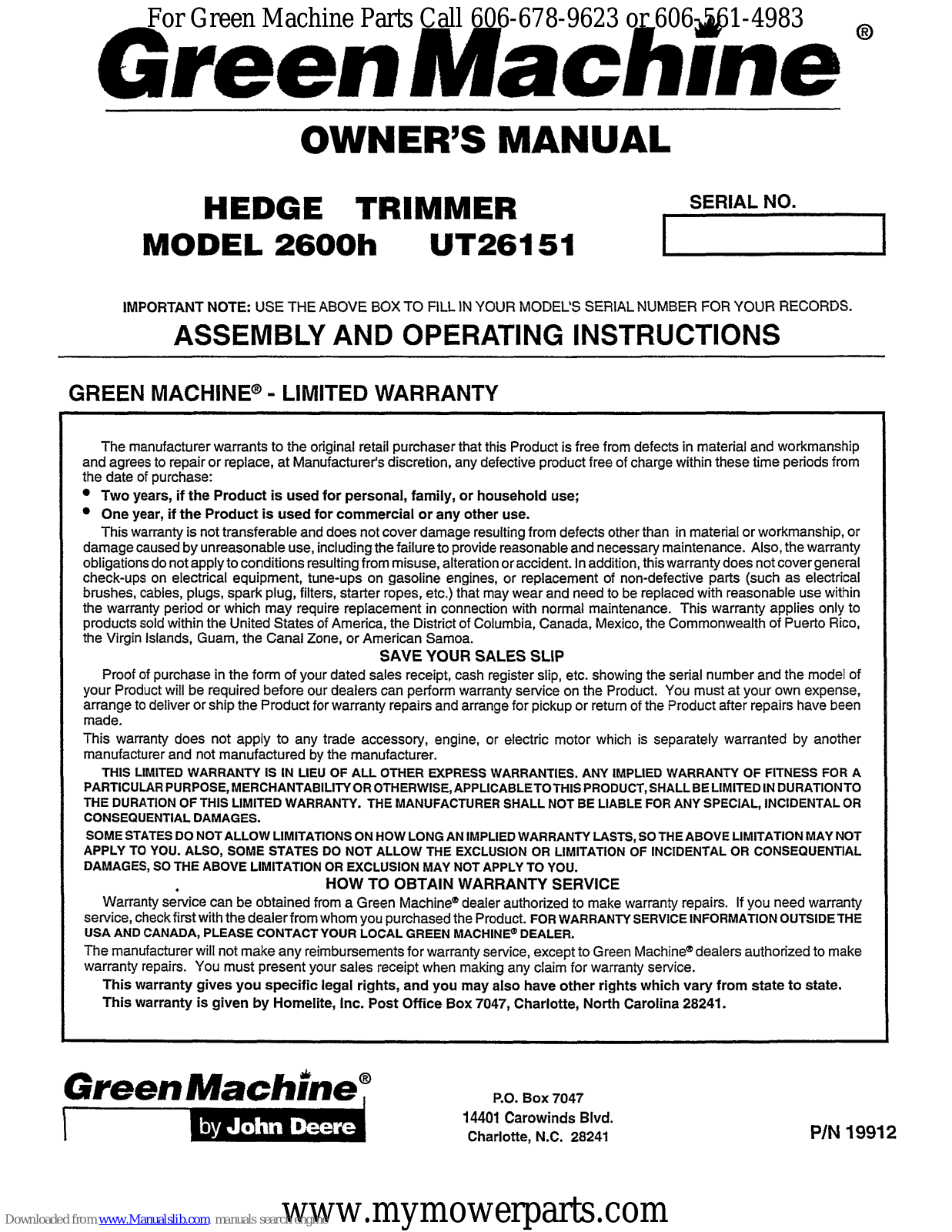 Green Machine 2600р UT26151, UT26010, UT26011 Owner's Manual