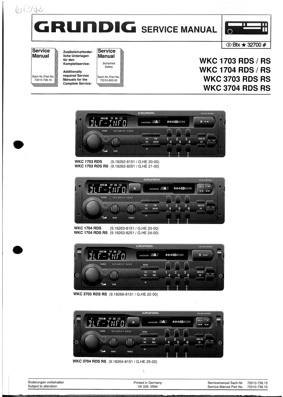 Grundig WKC-3703-RDS, WKC-1703-RDS Service Manual