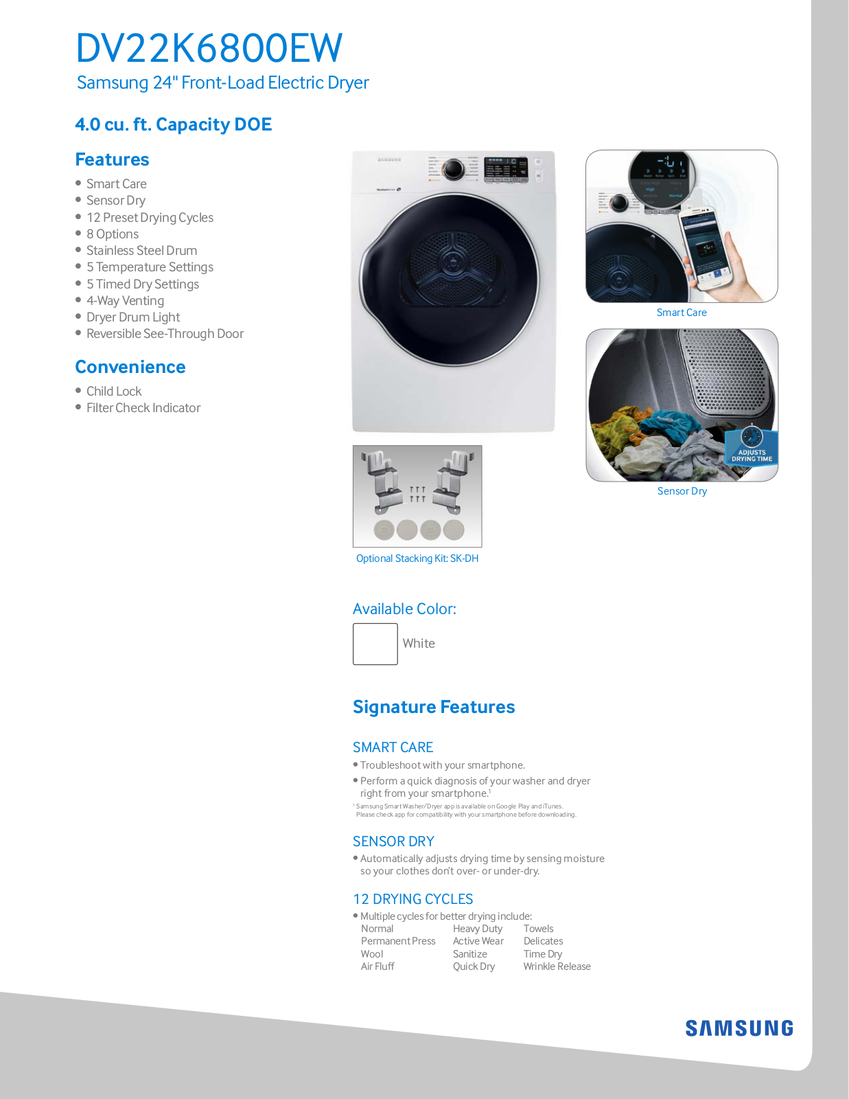 Samsung DV22K6800EW Specifications