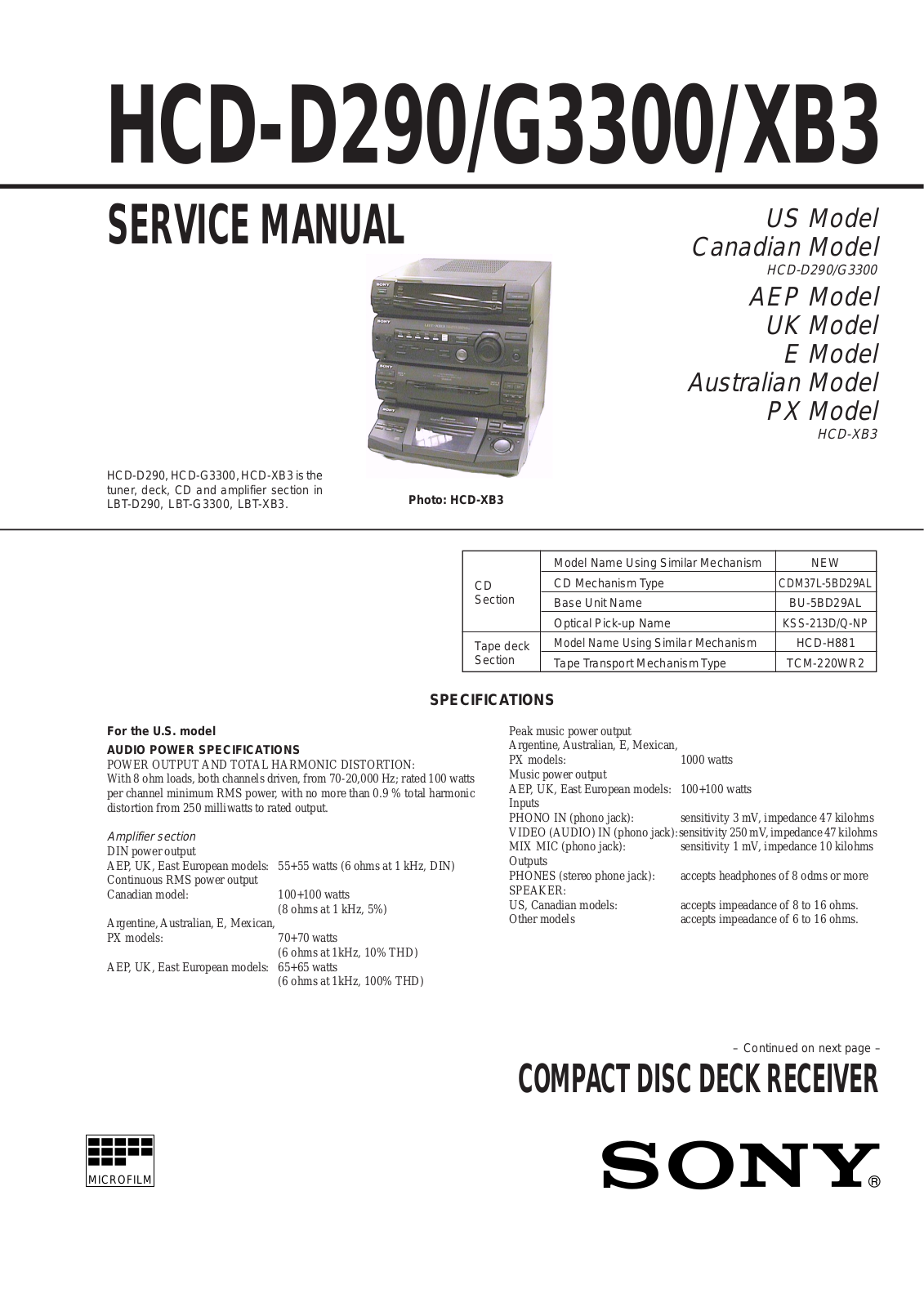 Sony HCD-XB3, HCD-G3300, HCD-D290 User Manual
