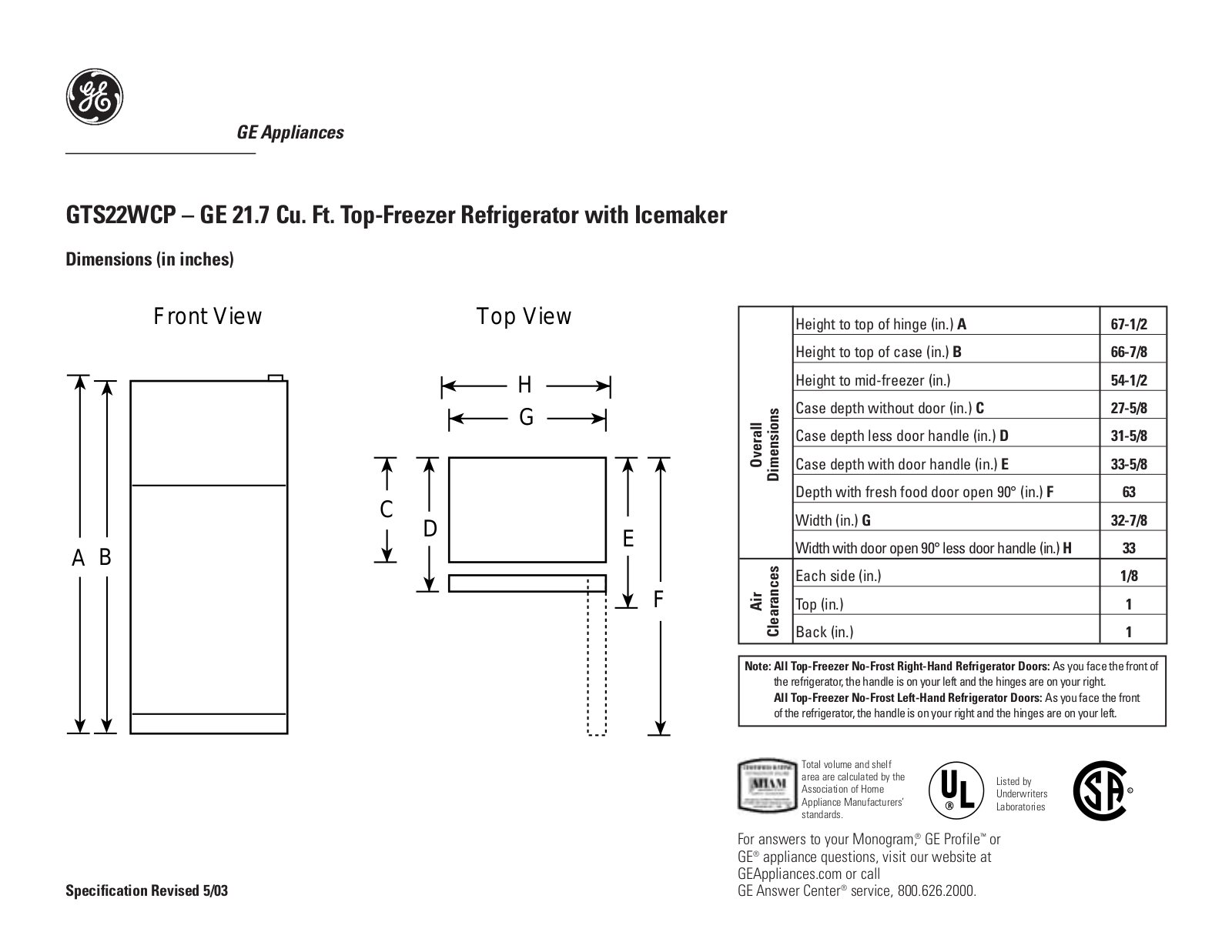 GE GTS22WCP Specification