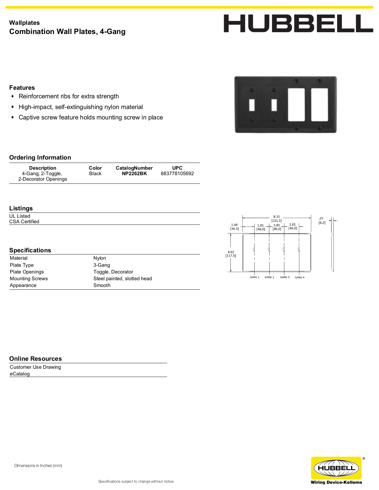 Hubbell NP2262BK Specifications