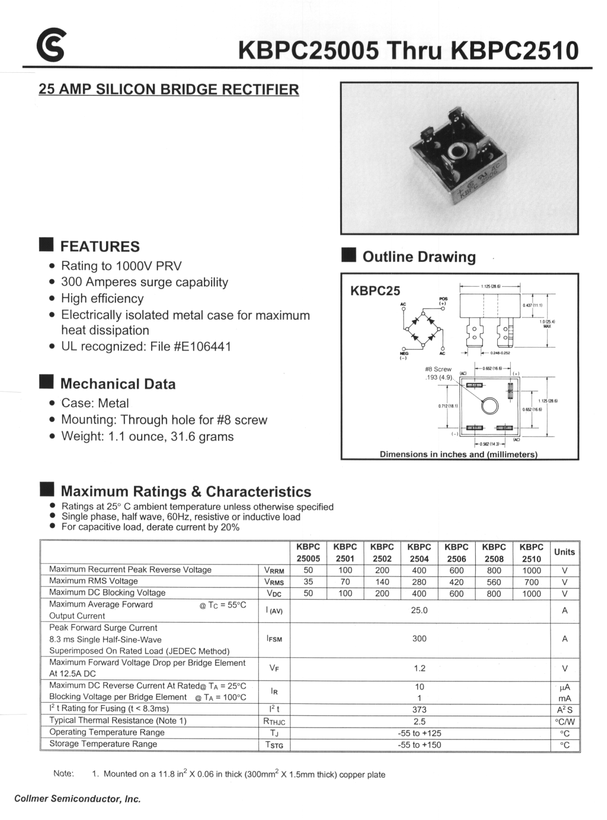 CALLMER KBPC2510, KBPC2508, KBPC2506, KBPC2501, KBPC25005 Datasheet