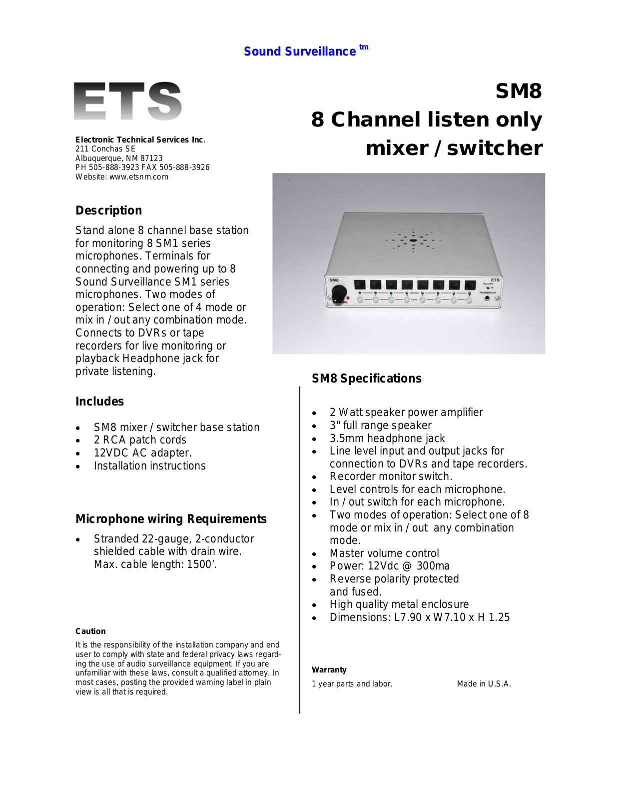 ETS SM8 Specsheet