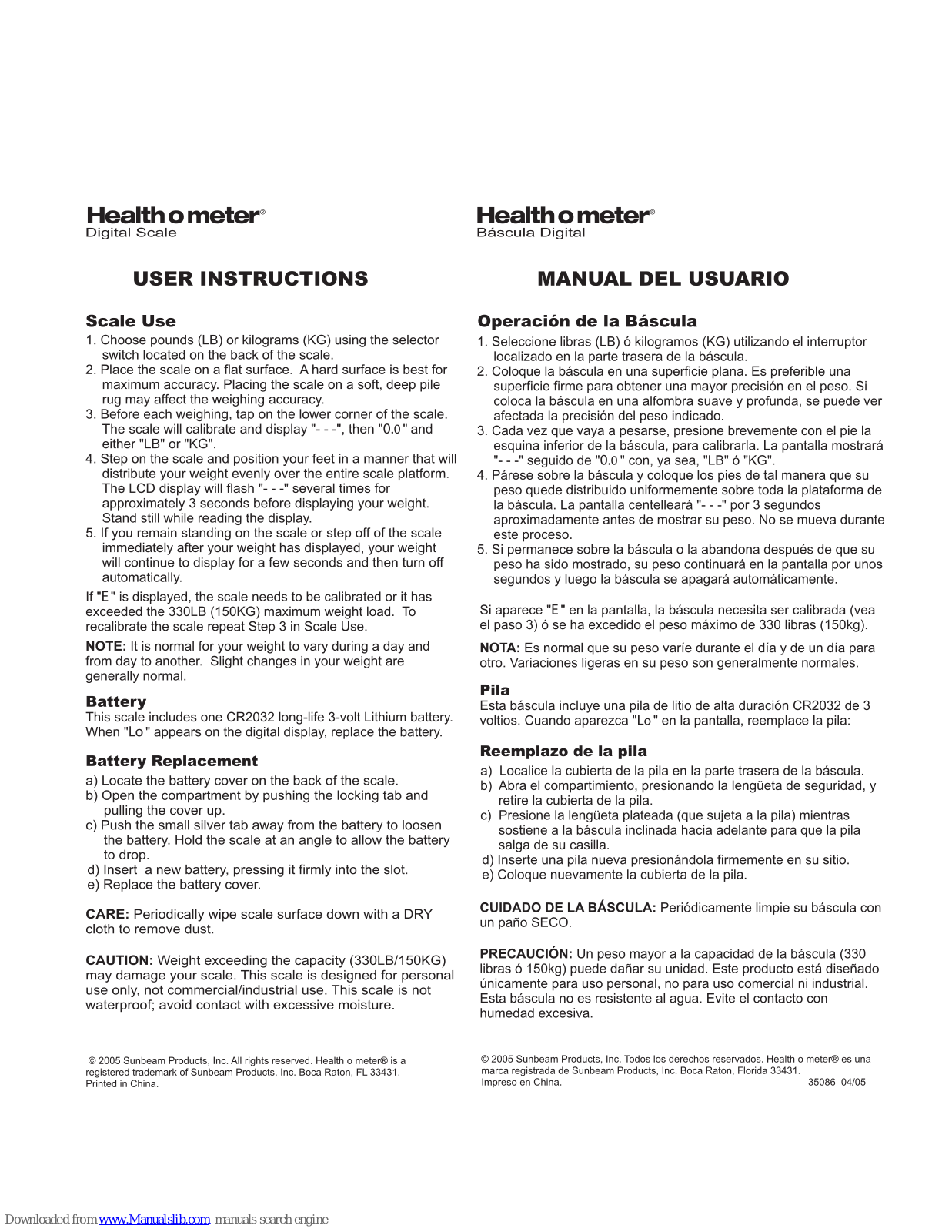 Sunbeam Health O Meter HDL155-01 User Instructions