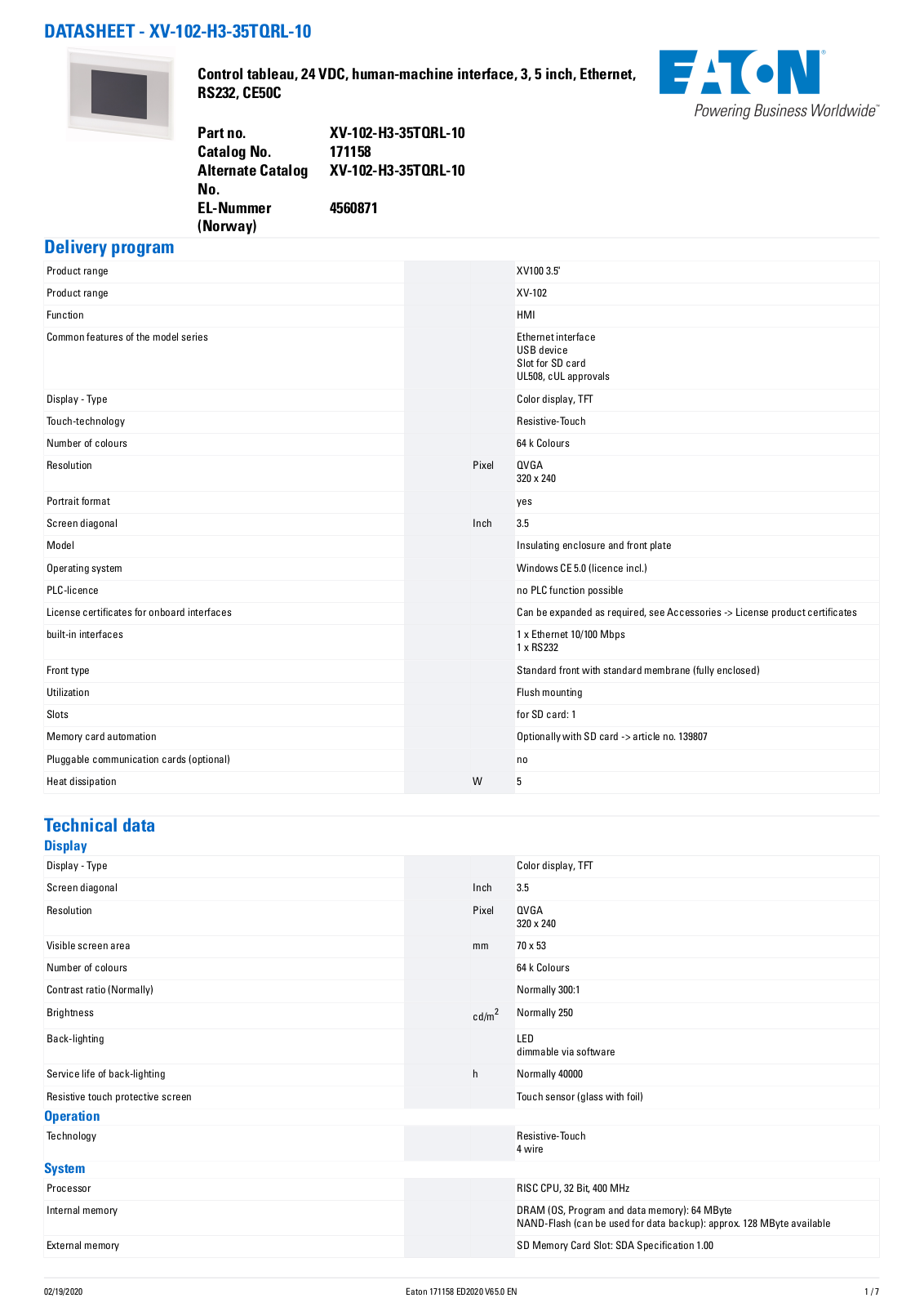 Cutler Hammer, Div of Eaton Corp XV-102-H3-35TQRL-10 Data Sheet