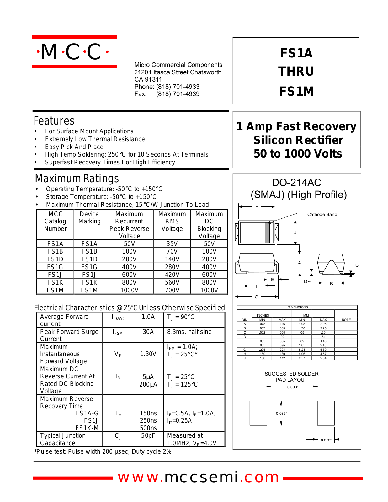 MCC FS1M, FS1A, FS1G, FS1D, FS1K Datasheet