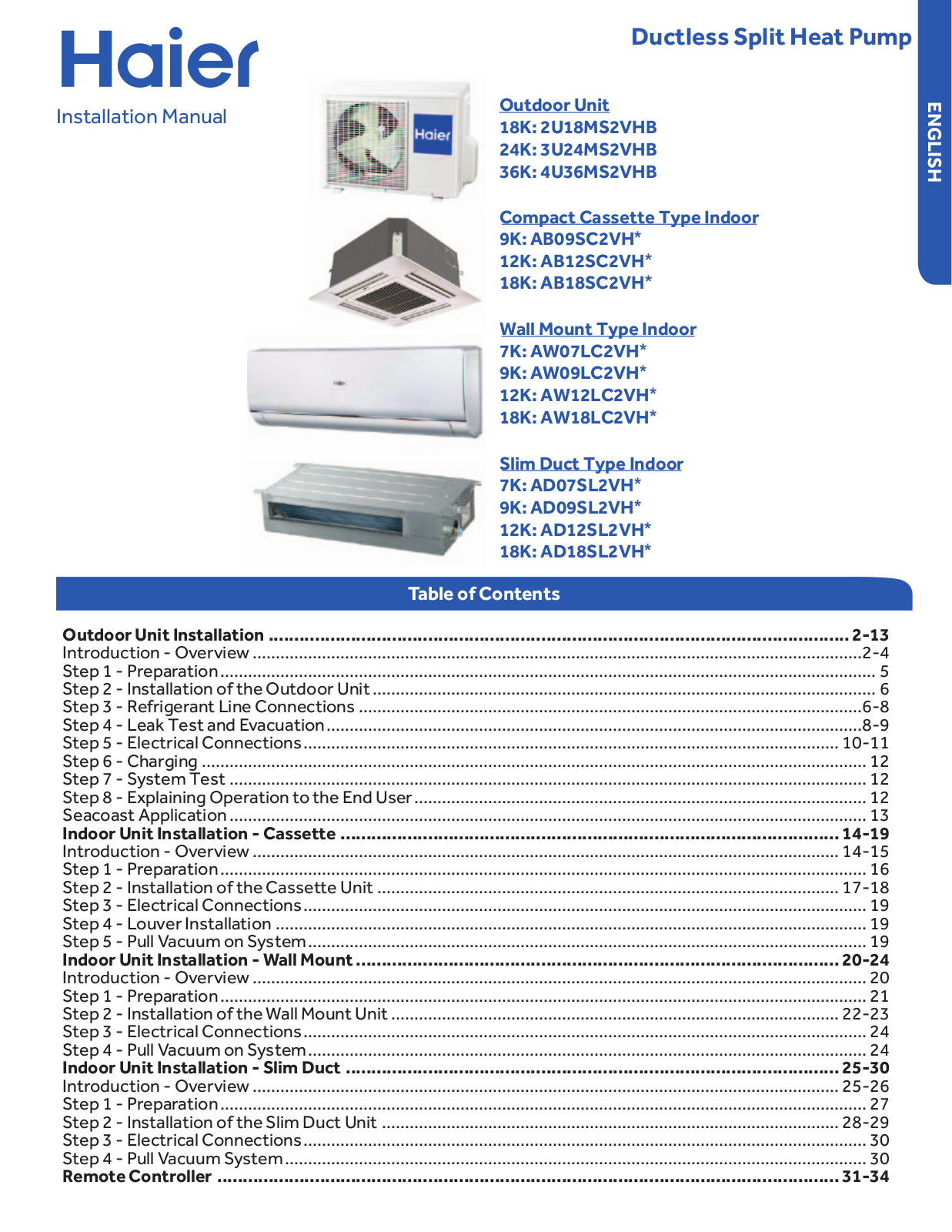 Haier AB09SC2VHA, AB12SC2VHA, AB18SC2VHA, AD07SL2VHA, AD07SL2VHB Installation Guide