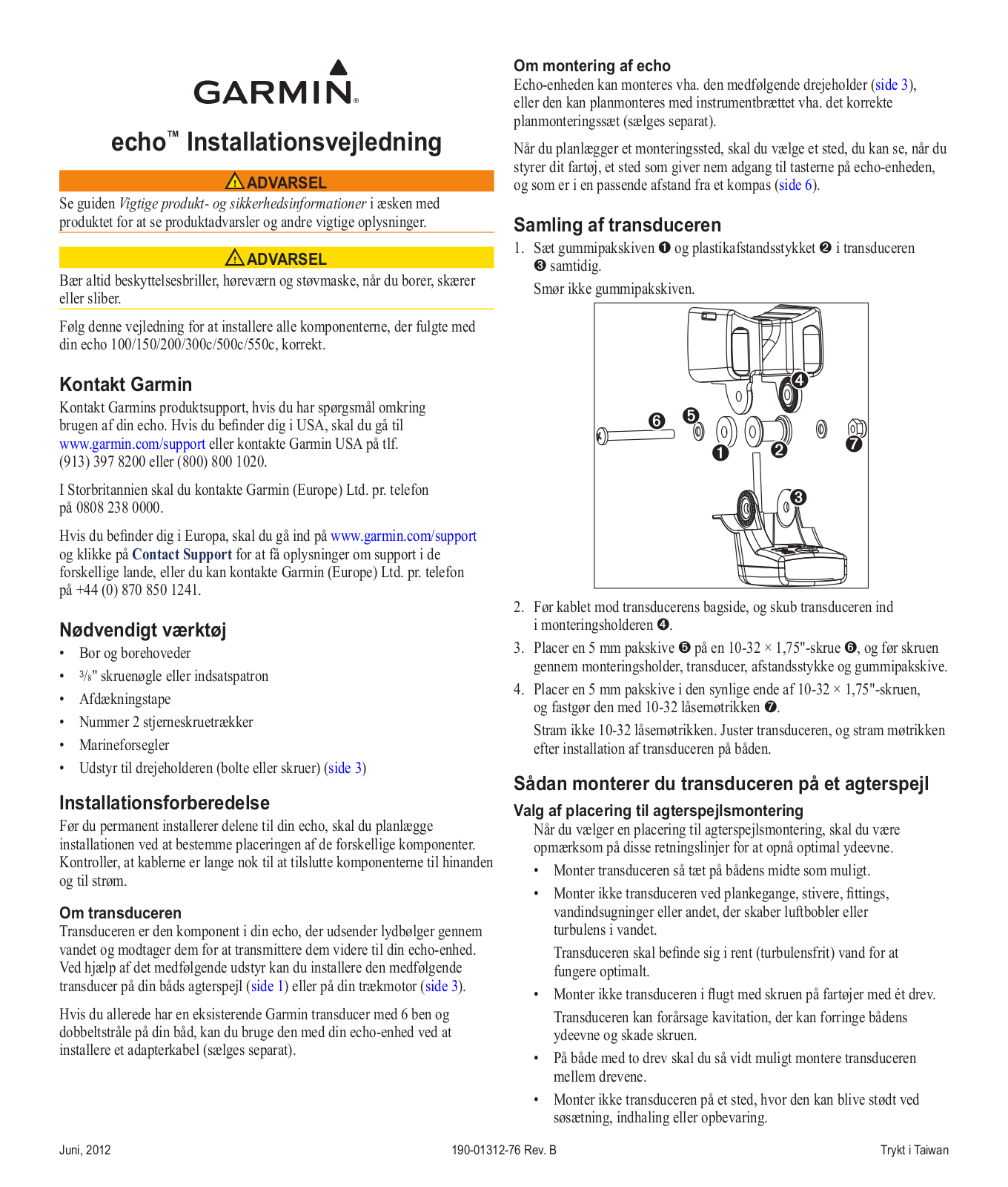 Garmin echo 500c, echo 300c, echo 550c, echo 100, echo 150 Installation manual