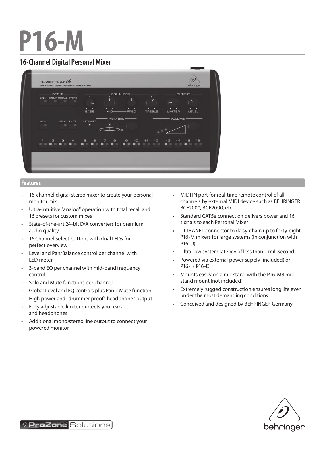 Behringer 16 P16-M Specification Sheet