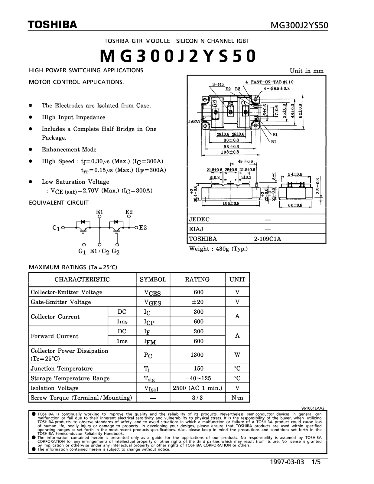 Toshiba MG300J2YS50 Datasheet