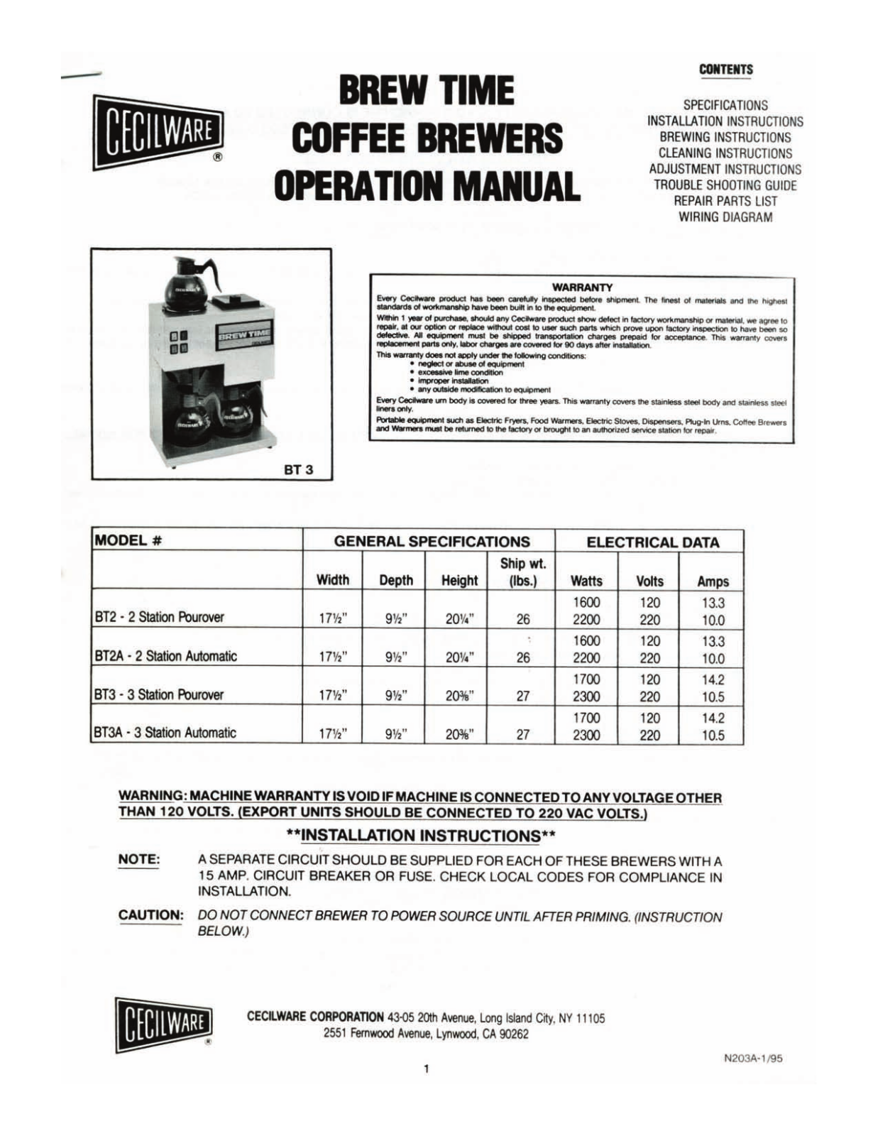 Cecilware BT2-2, BT2A-2, BT3-3, BT3A-3 Operation Manual