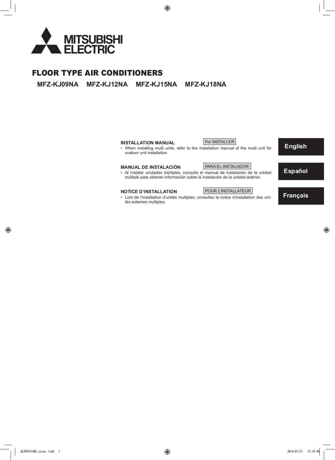 Mitsubishi Electronics MFZ-KJ09NA, MFZ-KJ15NA, MFZ-KJ18NA Installation Manual