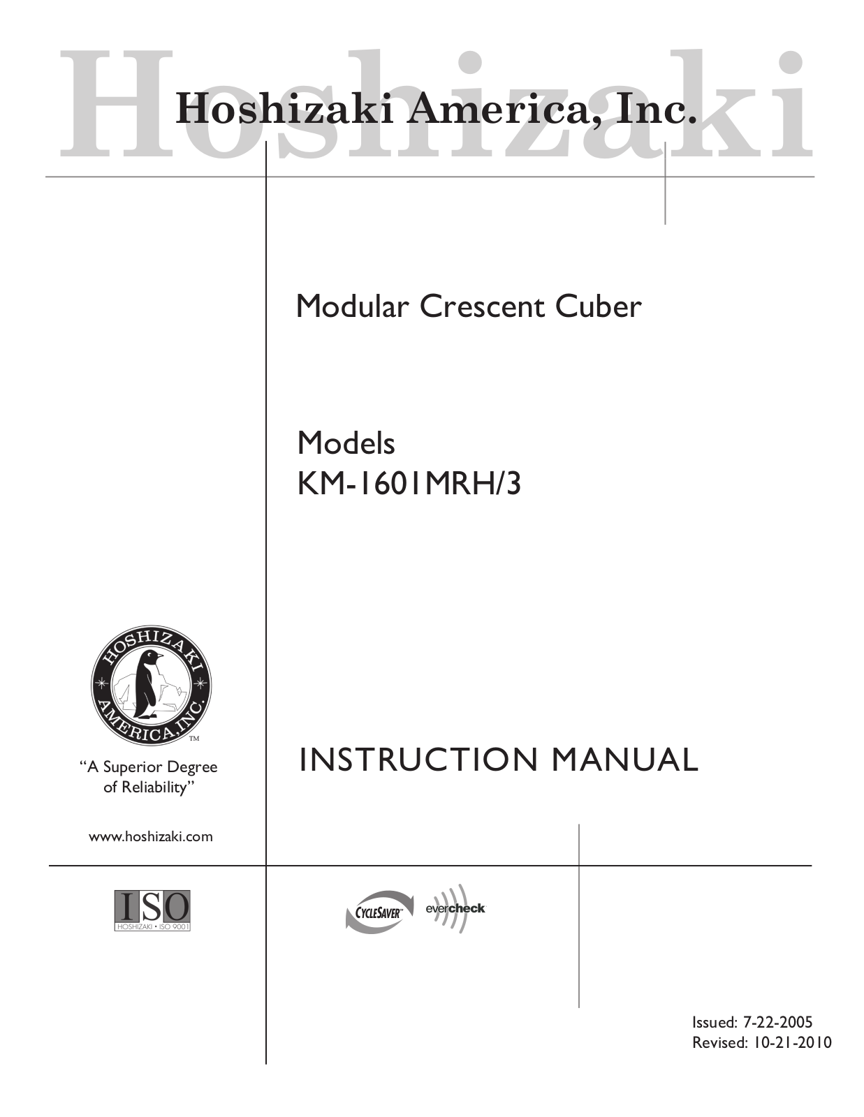 Hoshizaki America KM-1601MRH Installation Manual