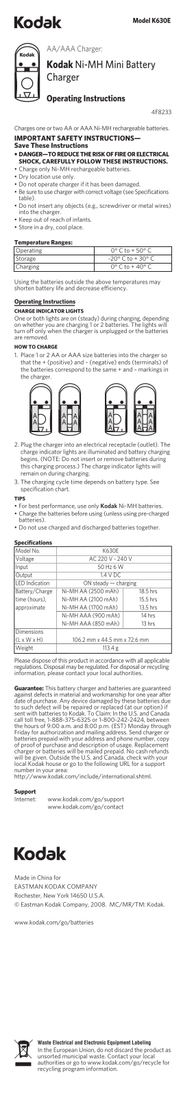 Kodak NI-MH MINI CHARGER K630E User Manual