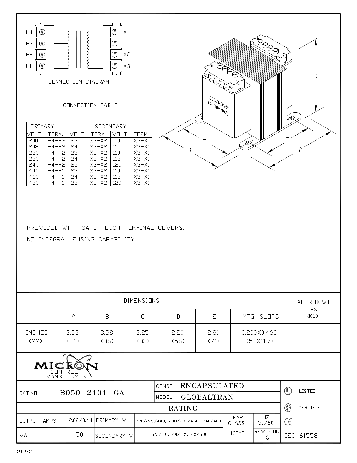 Micron Industries B050-2101-GA Specification Sheet