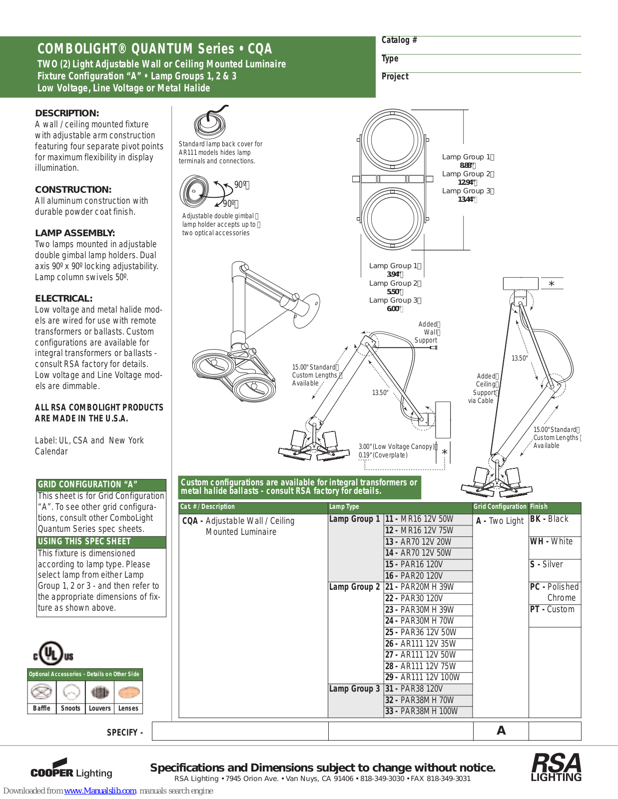 Cooper Lighting Quantum Series CQA Specification Sheet - ManualMachine.com