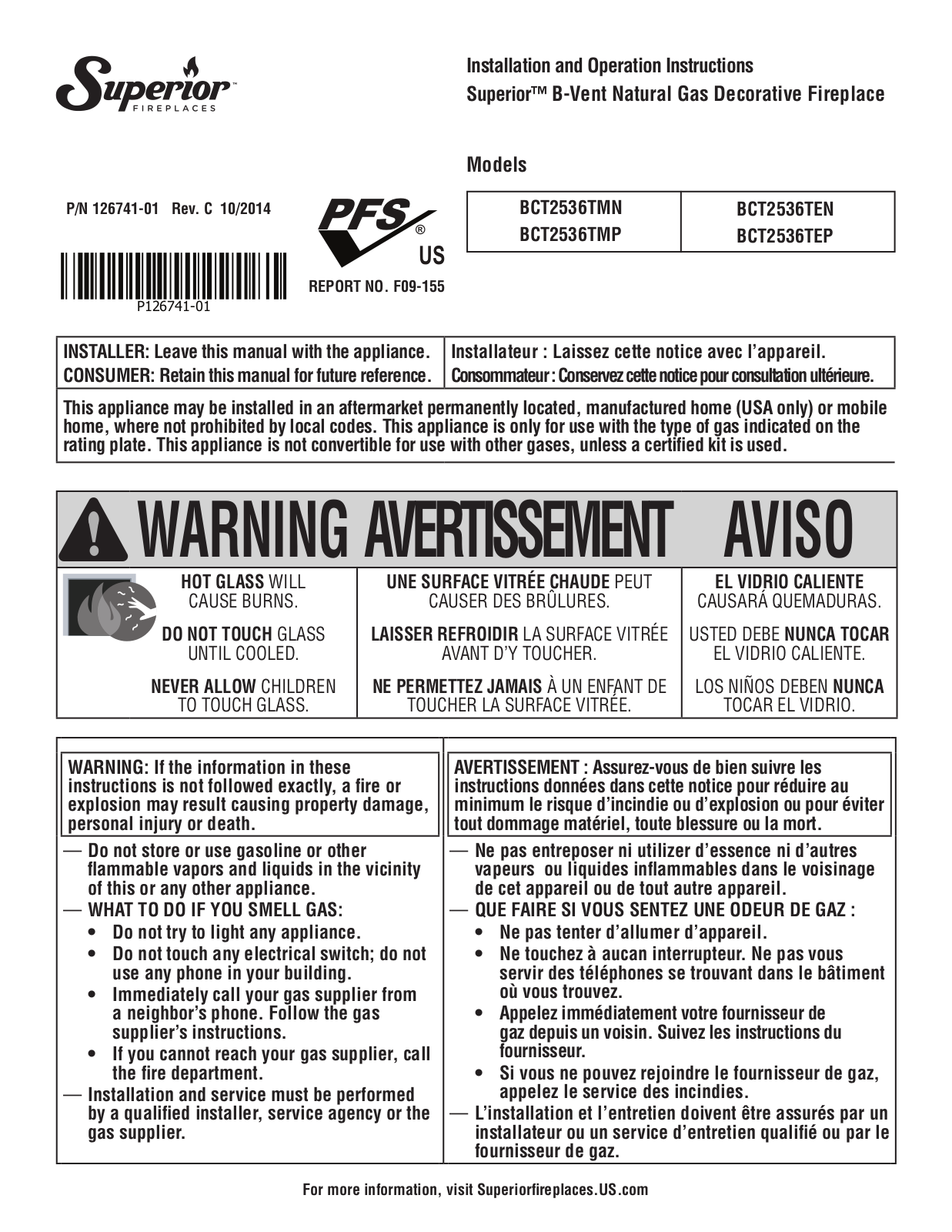 Superior BCT2536TMN, BCT2536TMP, BCT2536TEP, BCT2536TEN Installation And Operation Instructions Manual