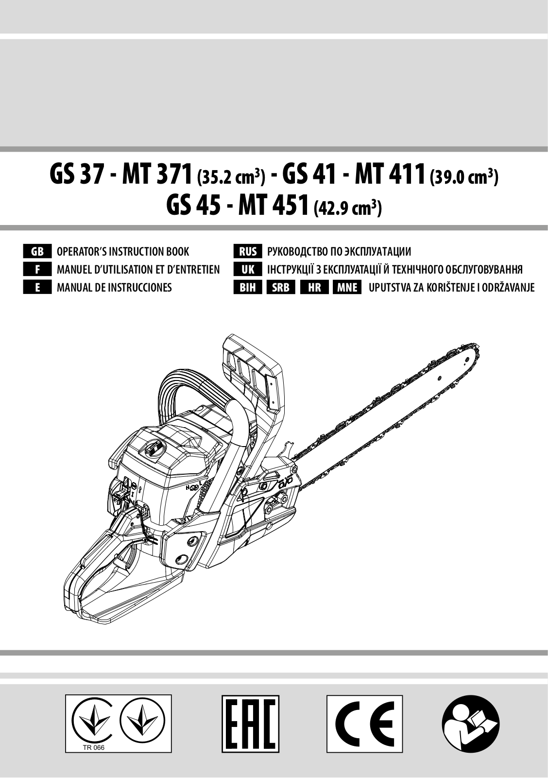 EMAK GS 41 - MT 411, GS 37 - MT 371, GS 45 - MT 451 Operators Instruction Book