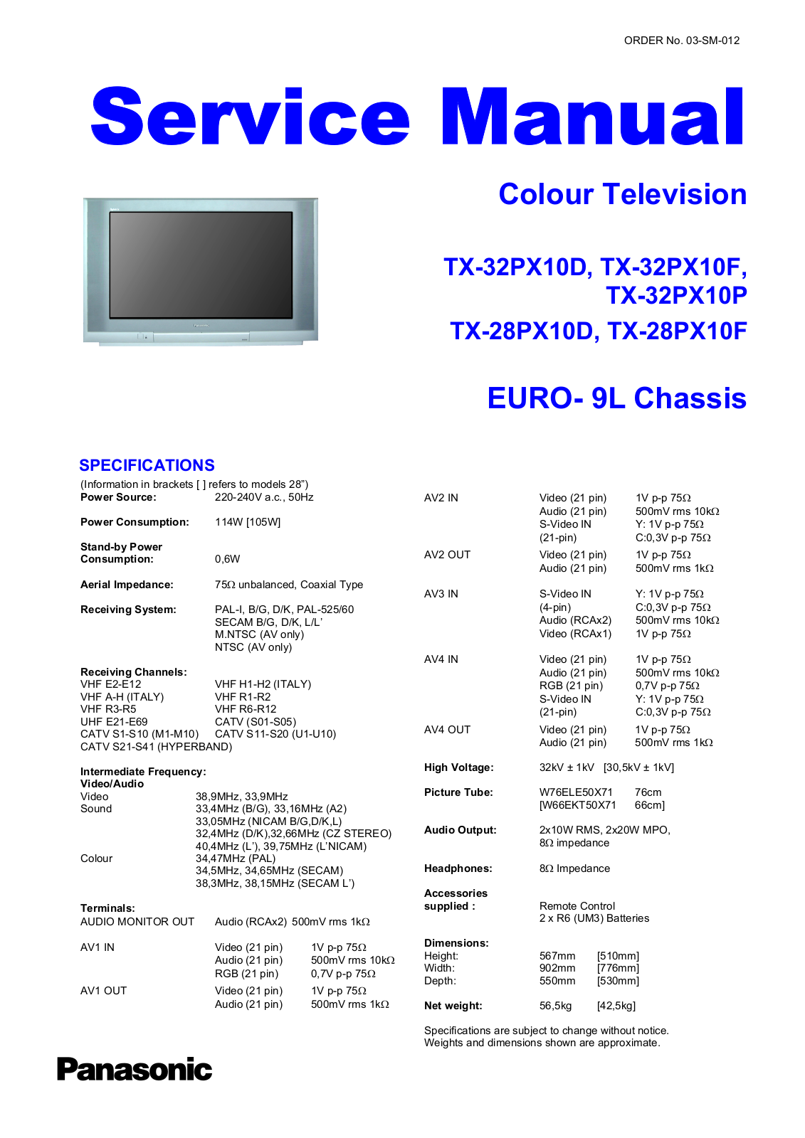 Panasonic TX-32PX10D, TX-32PX10F, TX-32PX10P, TX-28PX10D, TX-28PX10F Schematic