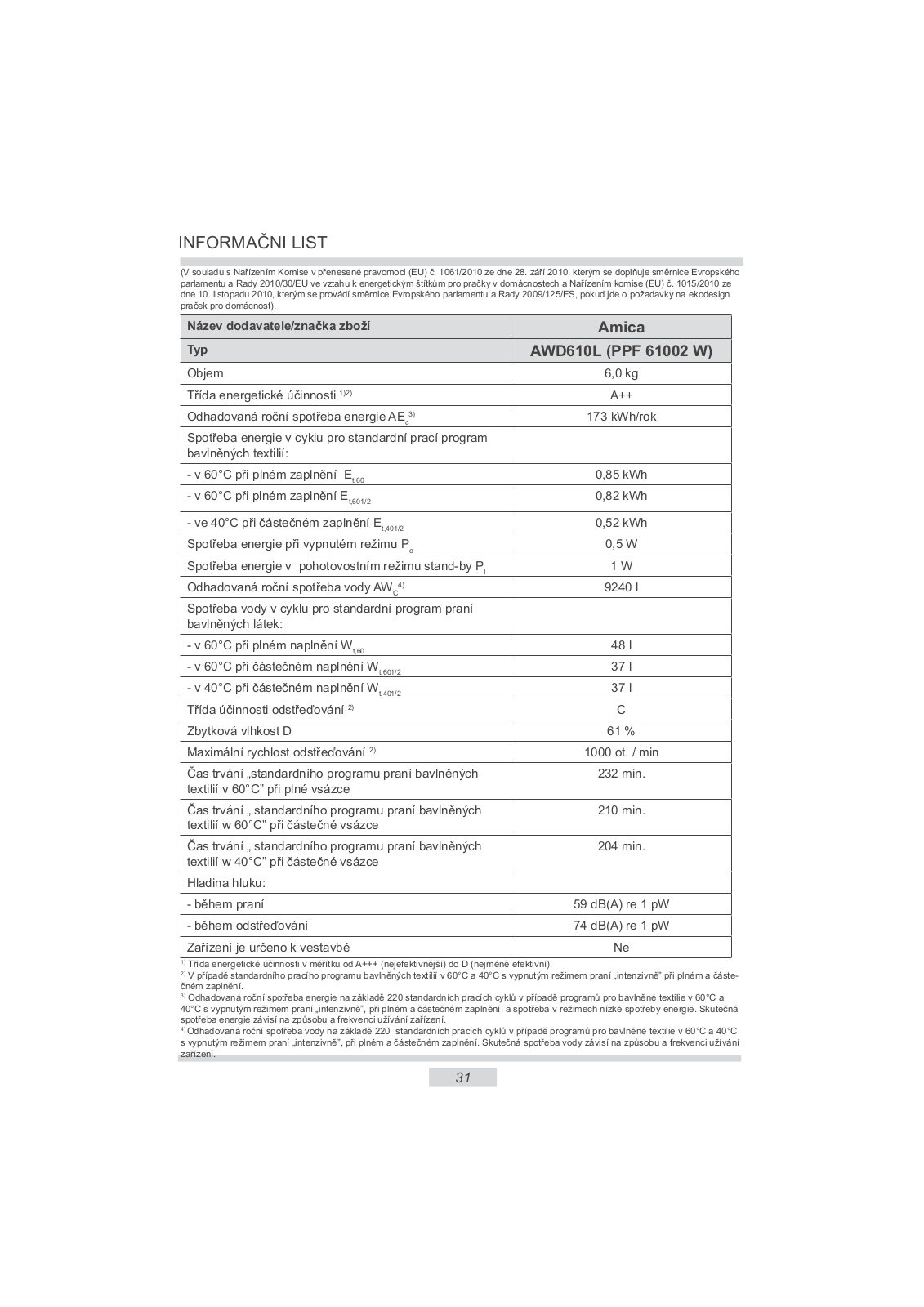 Amica PPF 61002 W User Manual