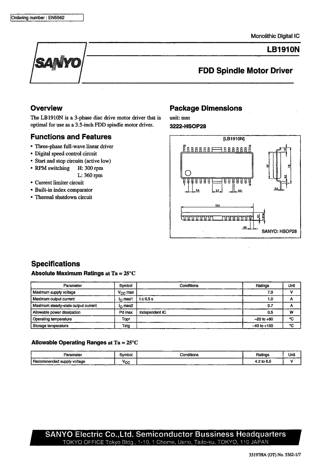 Sanyo LB1910N Specifications