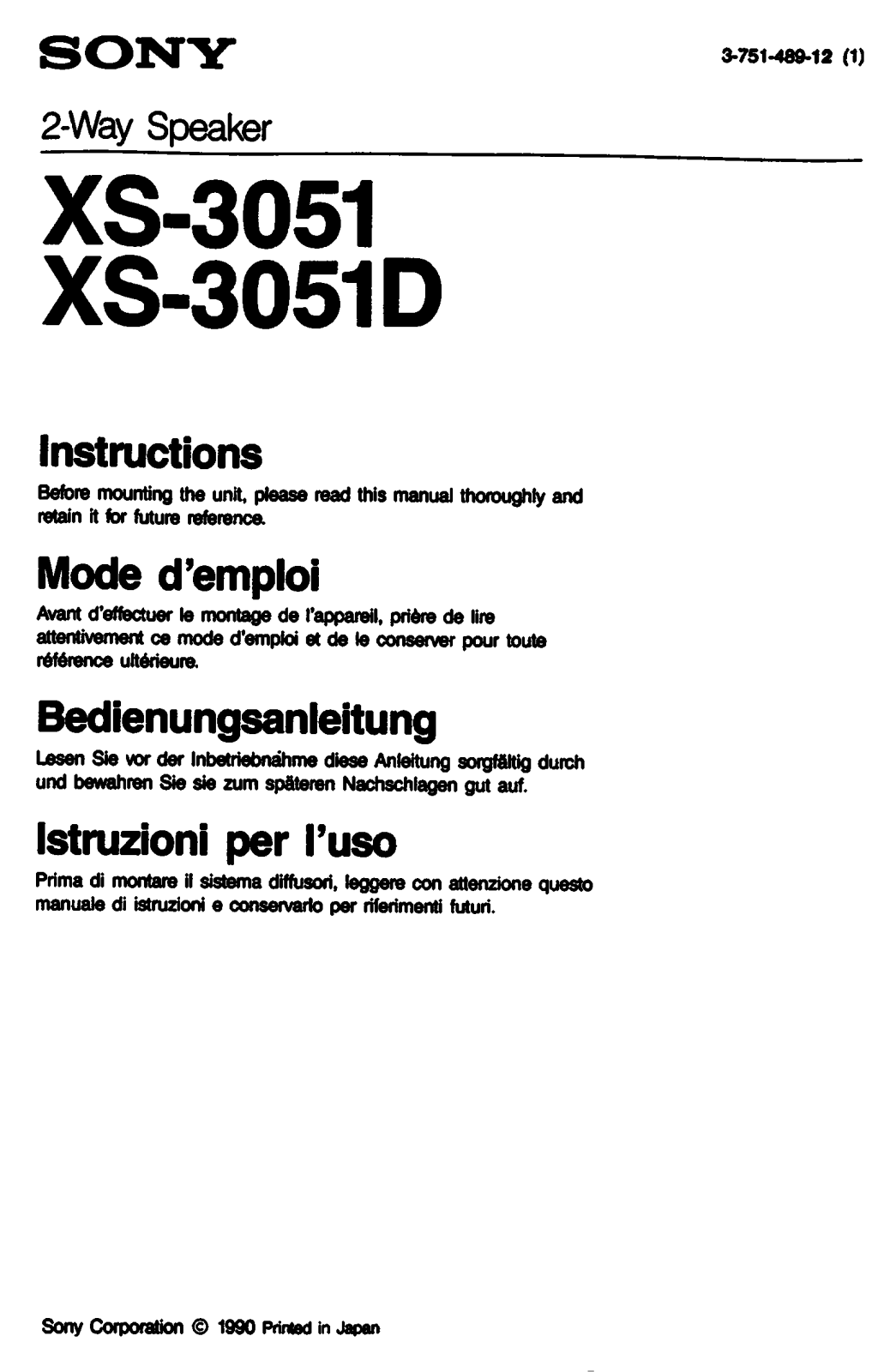 Sony XS-3051, XS-3051D Operating Manual