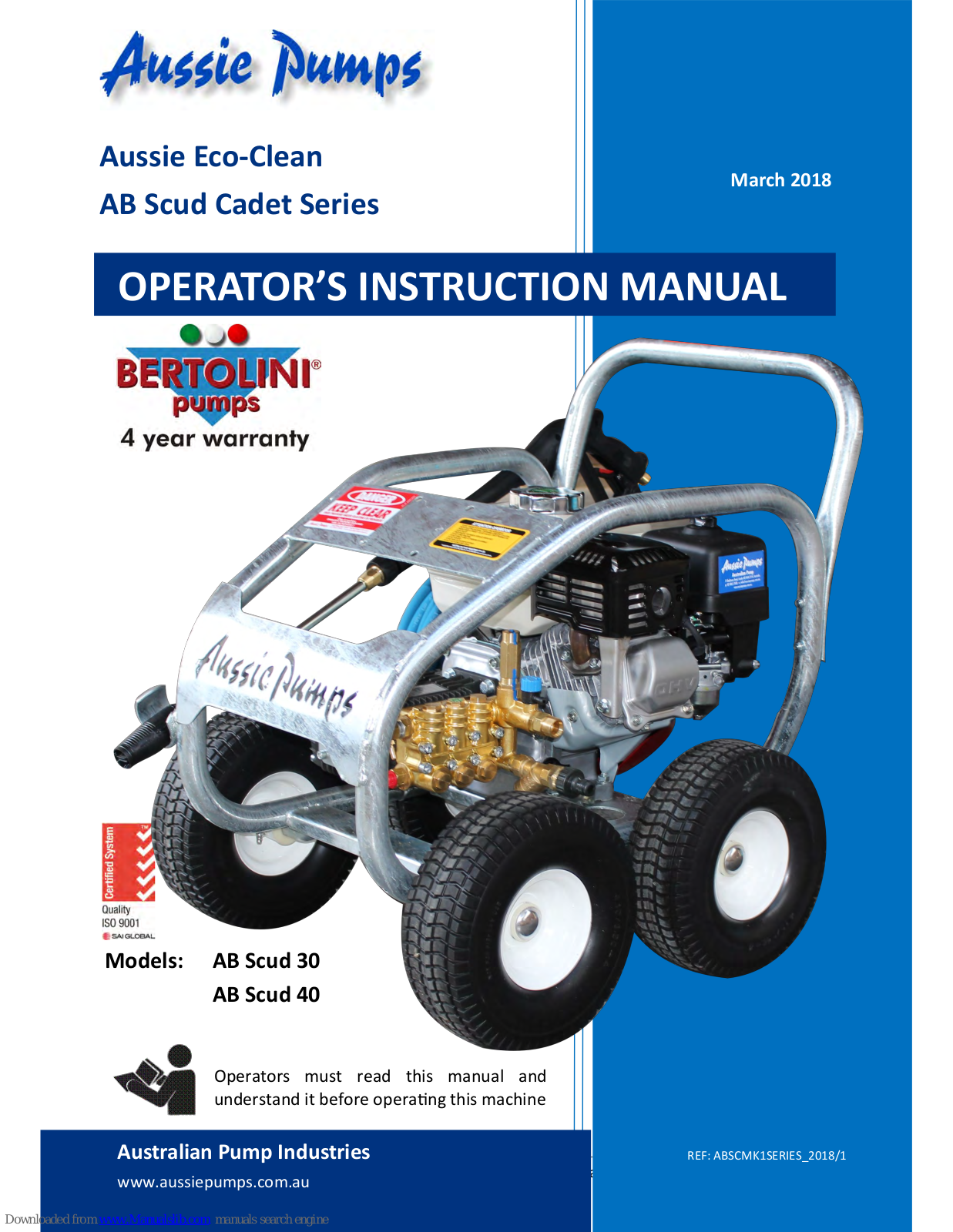Aussie Pumps Eco-Clean AB Scud Cadet, AB Scud 30, AB Scud 40 Operator's Instruction Manual
